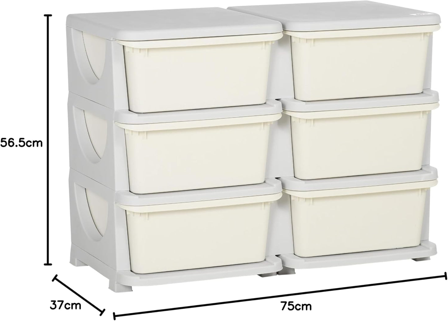 Kinderschubladenschrank mit abgerundete Kanten, 75L x 37B x 56,5H cm Cremeweiss
