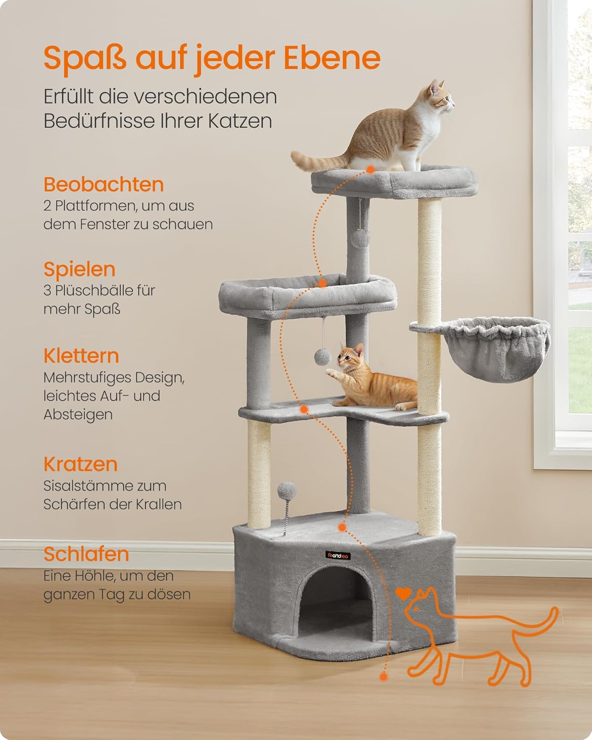 Katzenkratzbaum mit Kuschelhöhle und Plattformen, taubengrau