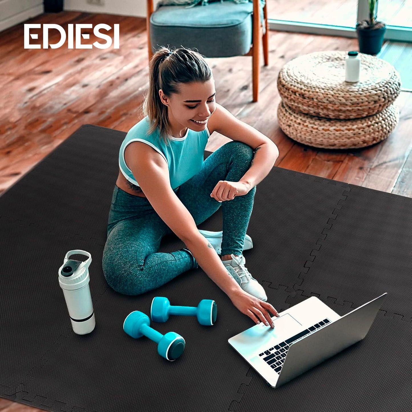 Bodenschutz-Puzzlematte für Fitness (18 Stück), 18 Stück / 30 x 30 x 1 cm / 1,7 m² / Schwarz
