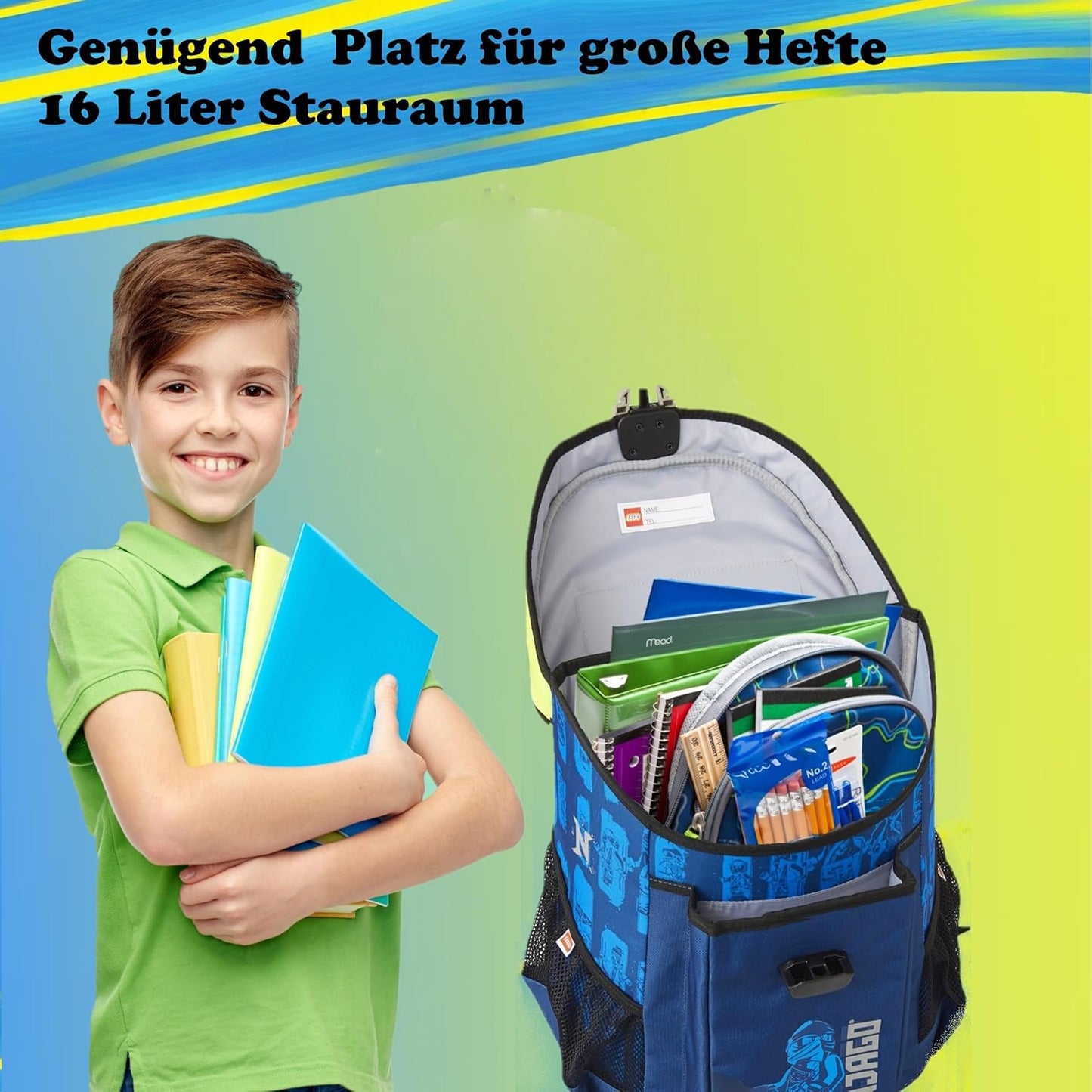Ninjago Schulranzen-Set, Blau 6-teiliges Set mit Federmappe