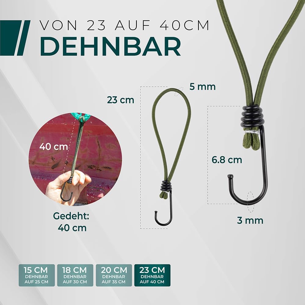 Spanngummis mit Haken, 20 Hooks 23 cm Olive Green