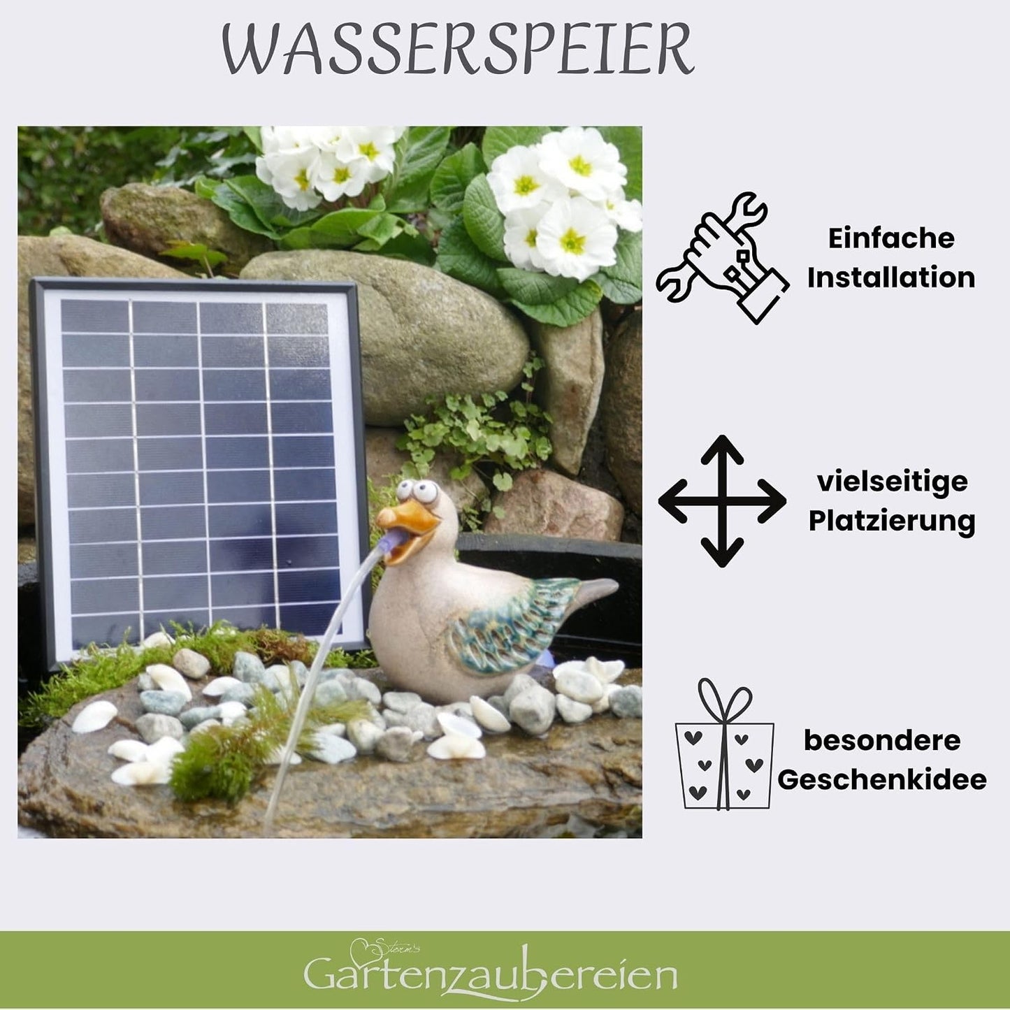 Wasserspeier Solarbrunnen mit Akku-Pumpe
