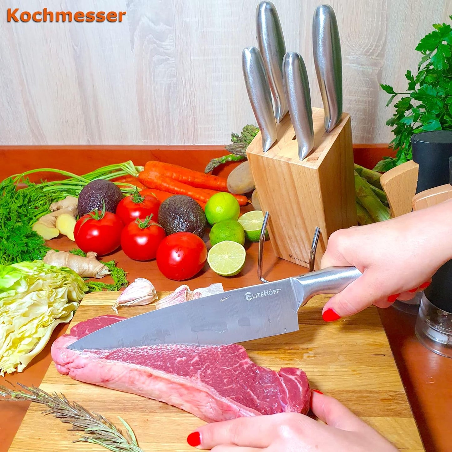 Küchenmesser Set, Edelstahl und Holz