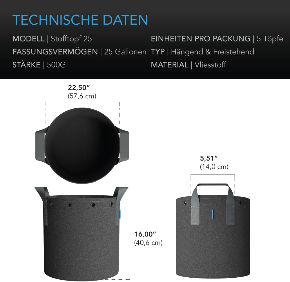 5er-Pack Pflanzsäcke, 25 Gallon