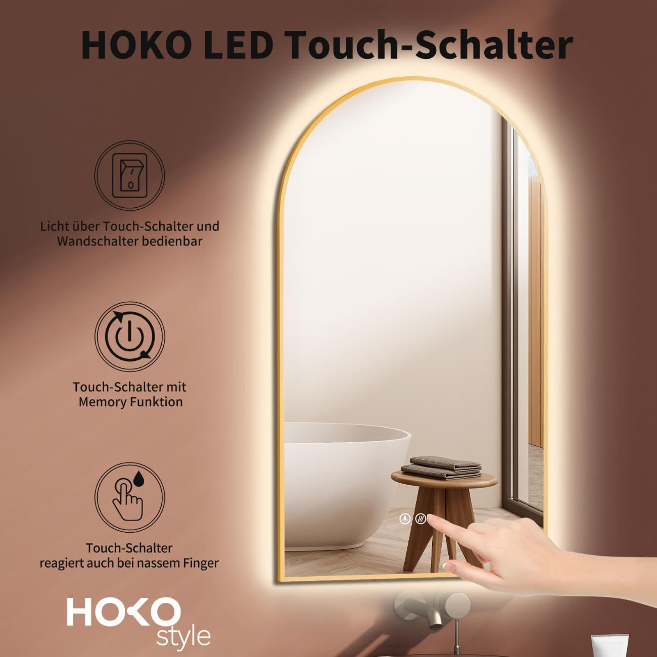 LED Badspiegel mit Antibeschlag und Touch-Schalter, Gold-arch Antibeschlag|50L x 90B cm