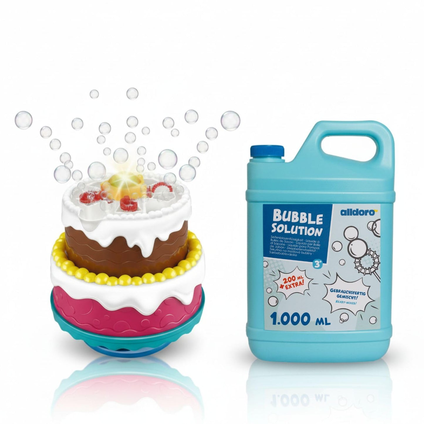 Seifenblasenmaschine mit Nachfüllflasche, Seifenblasenmaschine Torte + Nachfüllkanister