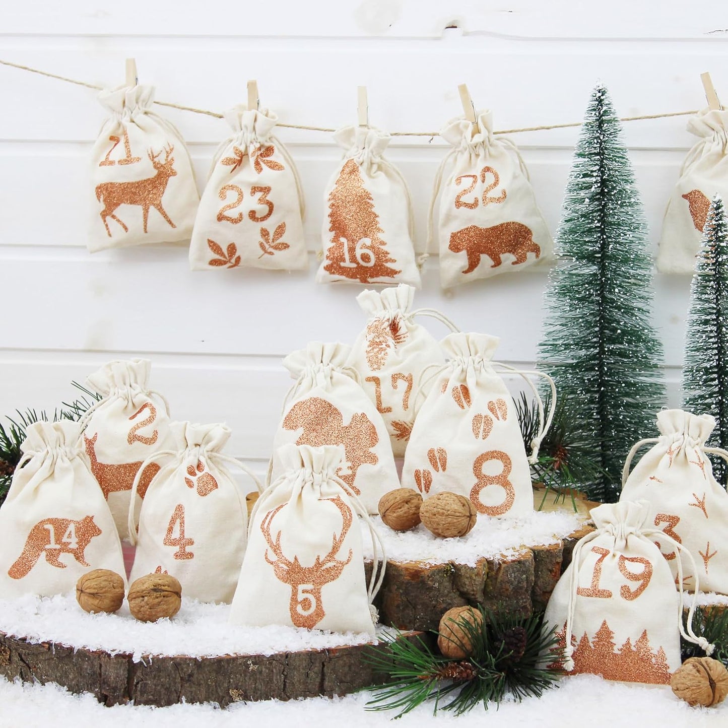 Adventskalender mit Stoffsäckchen, Waldtier Glitzer