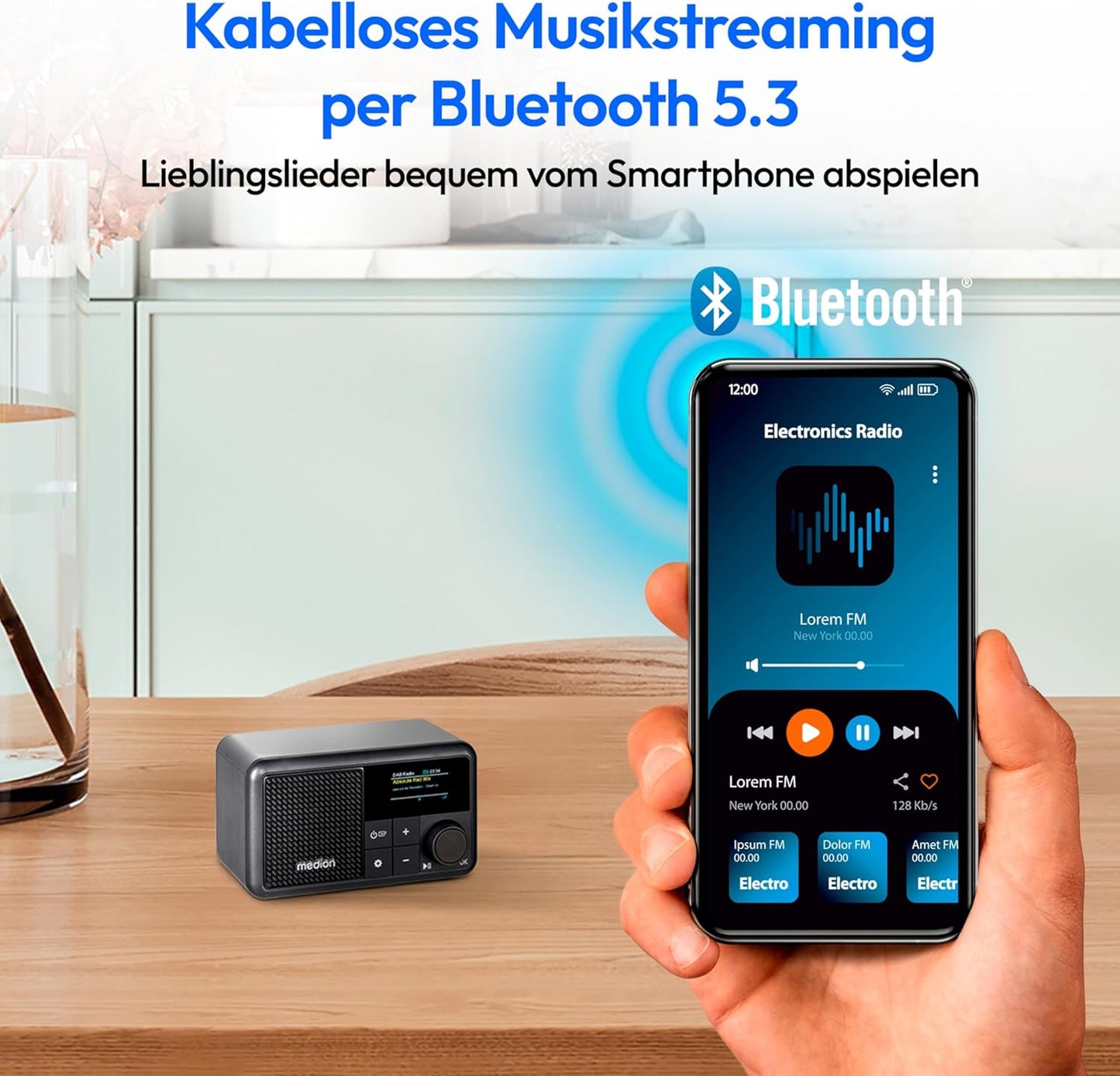 Tragbares Mini DAB+ Radio mit Bluetooth und Wecker, schwarz