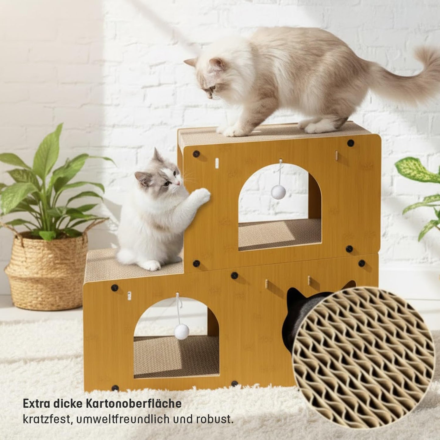 3-in-1 Katzenhöhlen mit Kratzfläche und Spielzeug, Tunnel-Modell