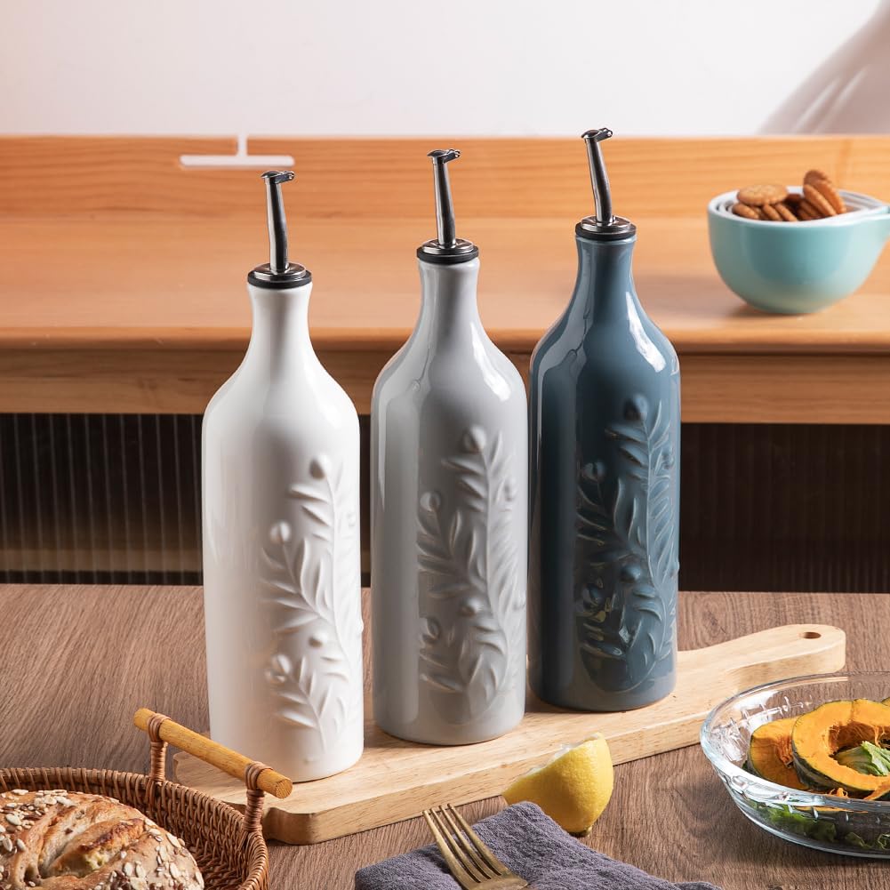 Olivenöl-Spenderflasche, Nebelblau Feines Olivenblatt-Relief, 700 ml