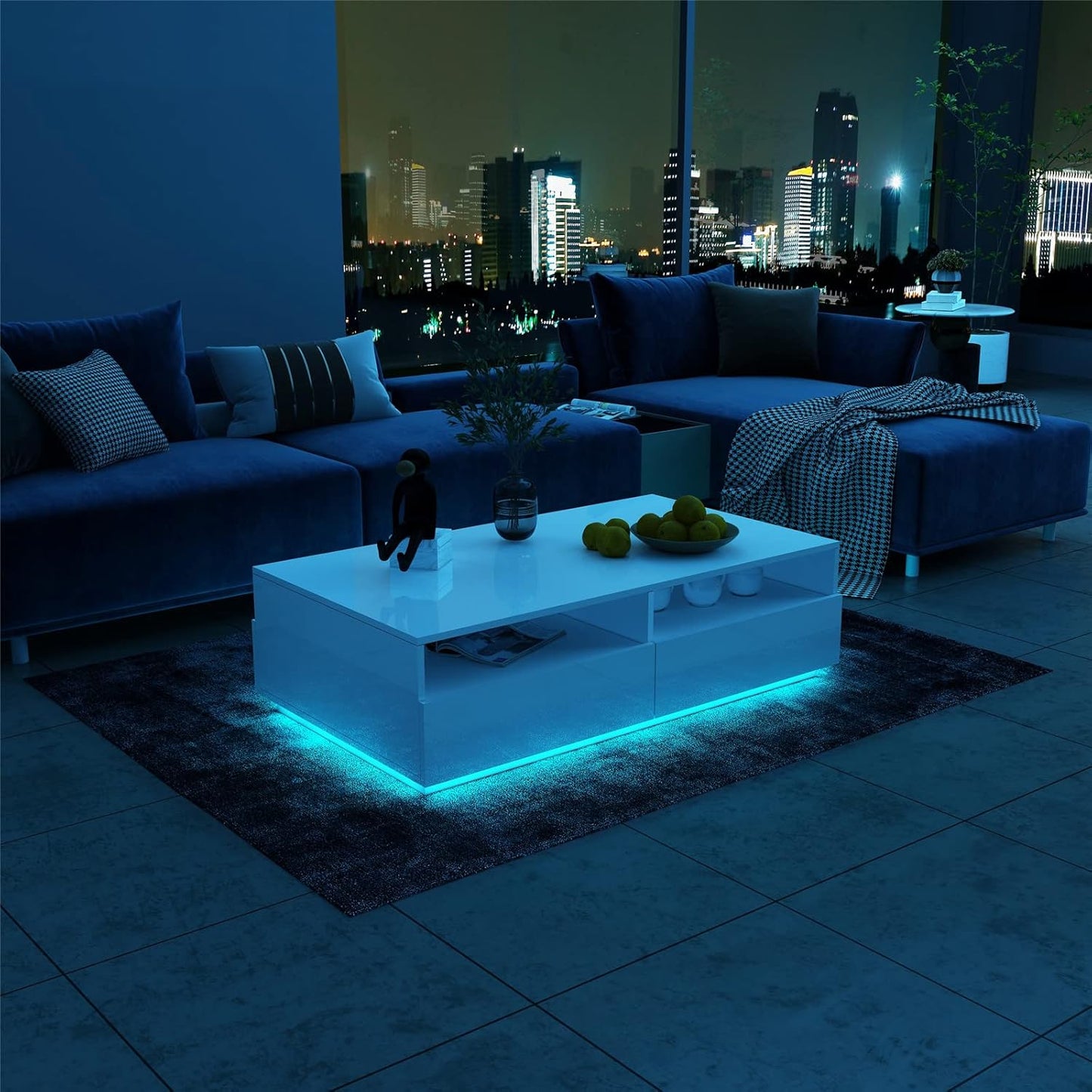 LED-Couchtisch mit Stauraum und 4 Schubladen, Weiss+led