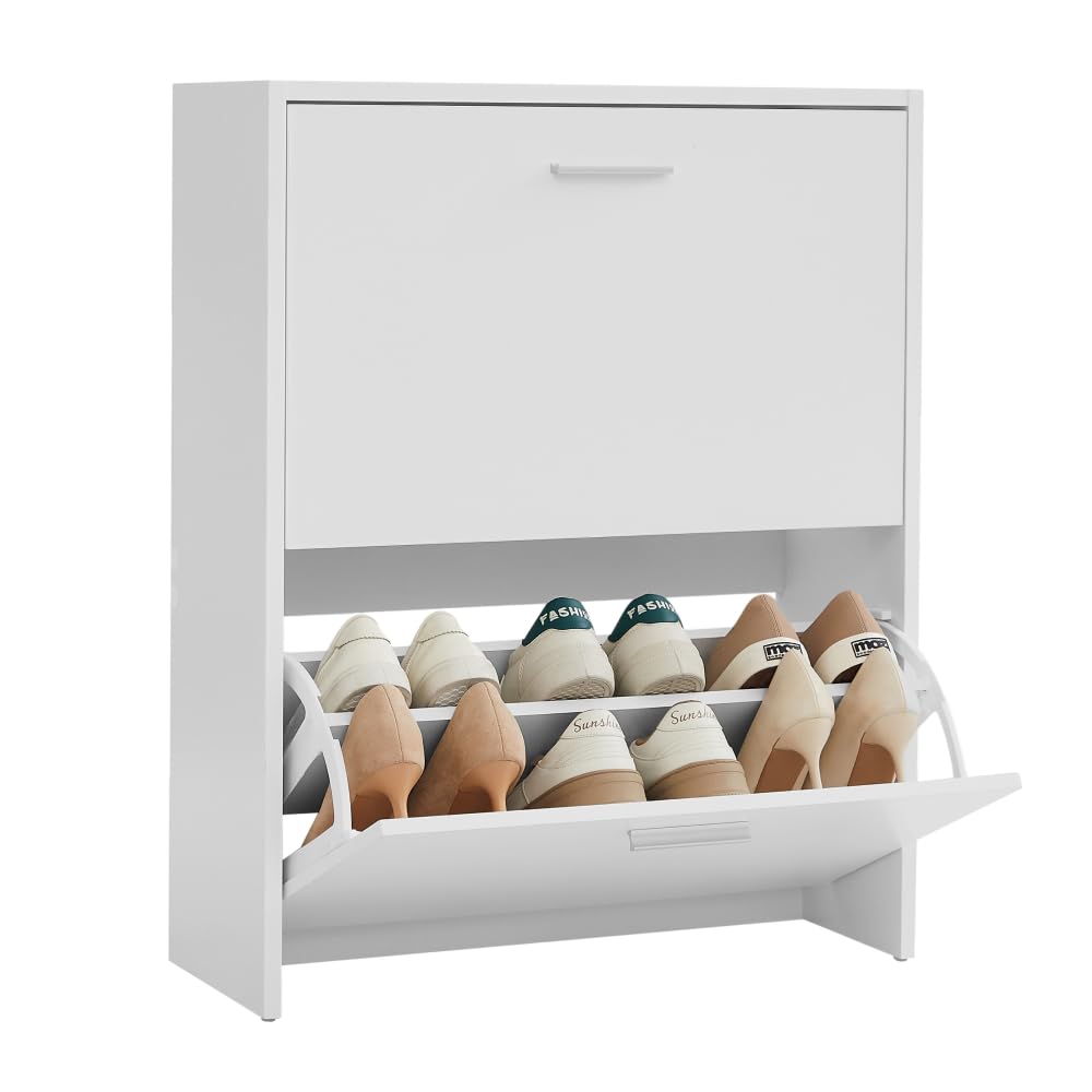 Schuhschrank mit 2 Klappen für 12 Paar Schuhe, Weiss 2 Türen