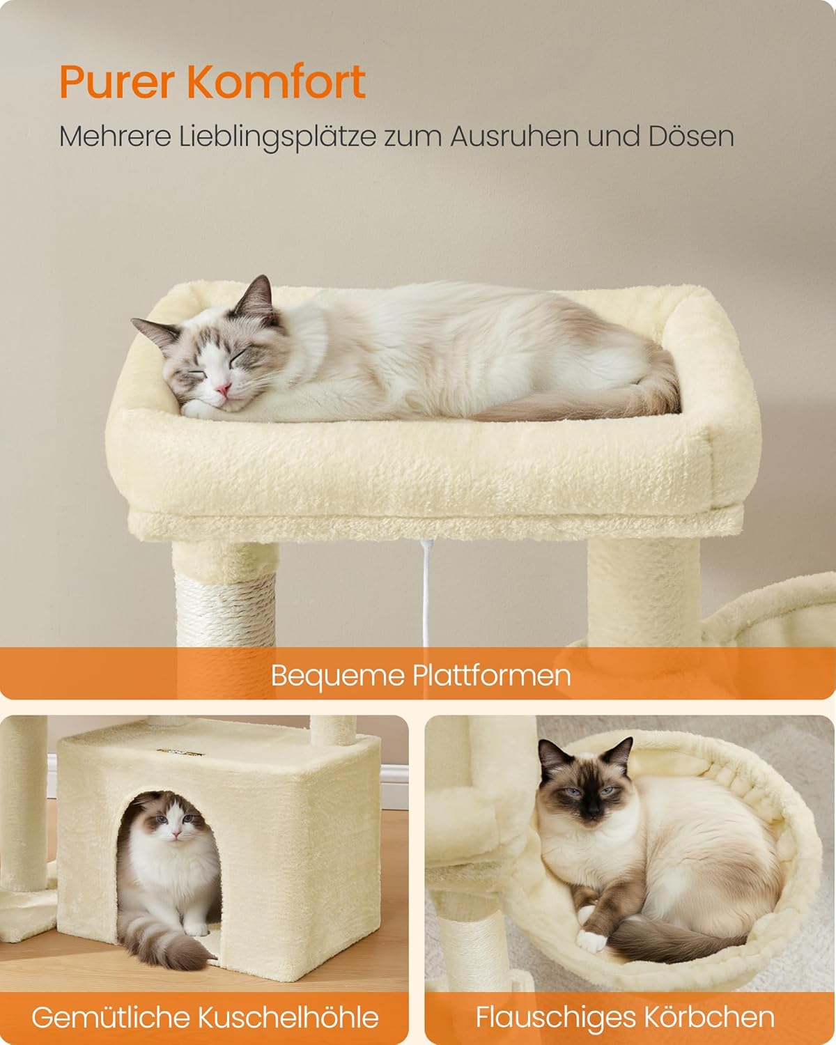 Kratzbaum mit Plattformen und Höhle, PCT013LF01, sandbeige M (92,5 x 58,9 x 85,8 cm)