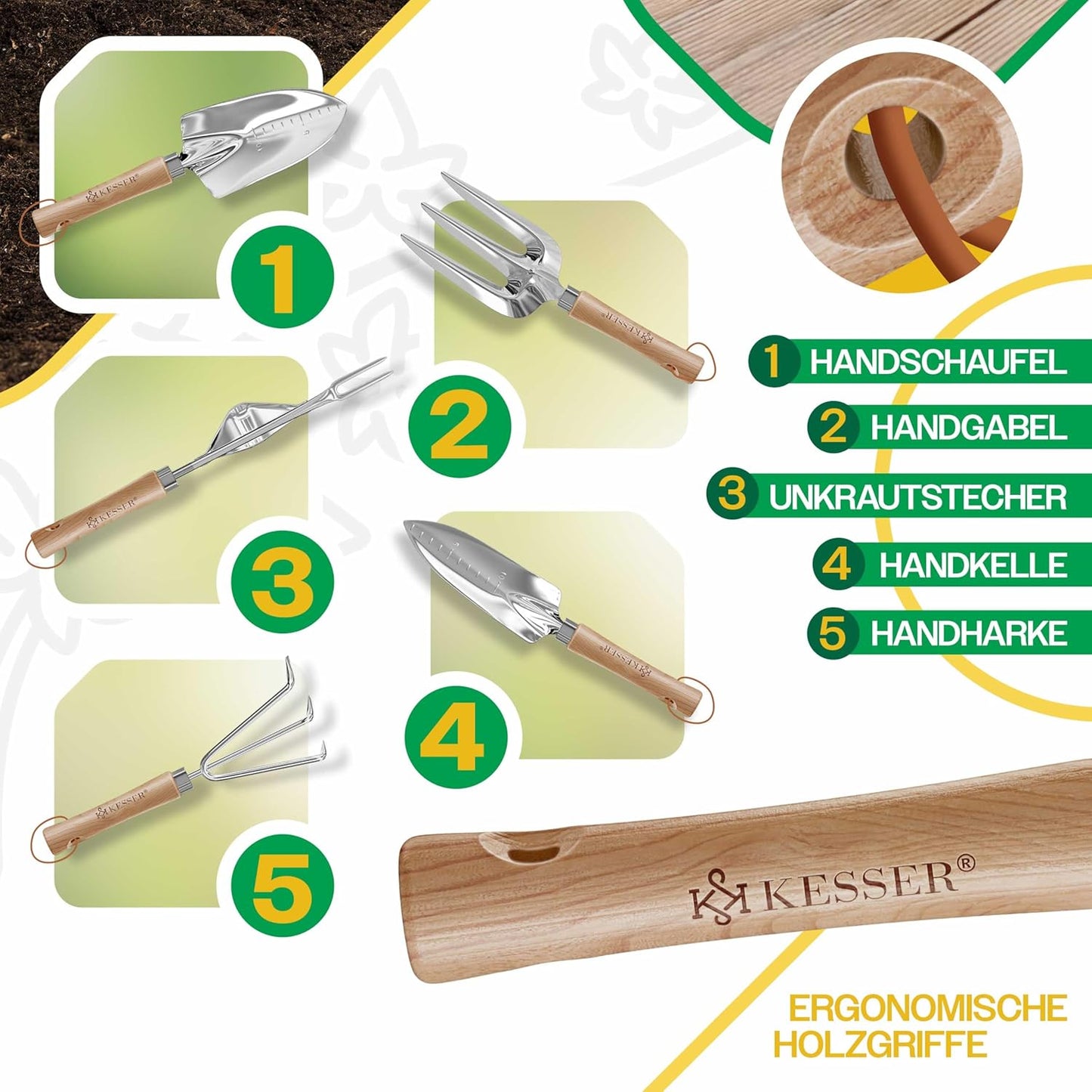 10-teiliges Gartenwerkzeug-Set mit ergonomischen Griffen, Grau / Anthrazit