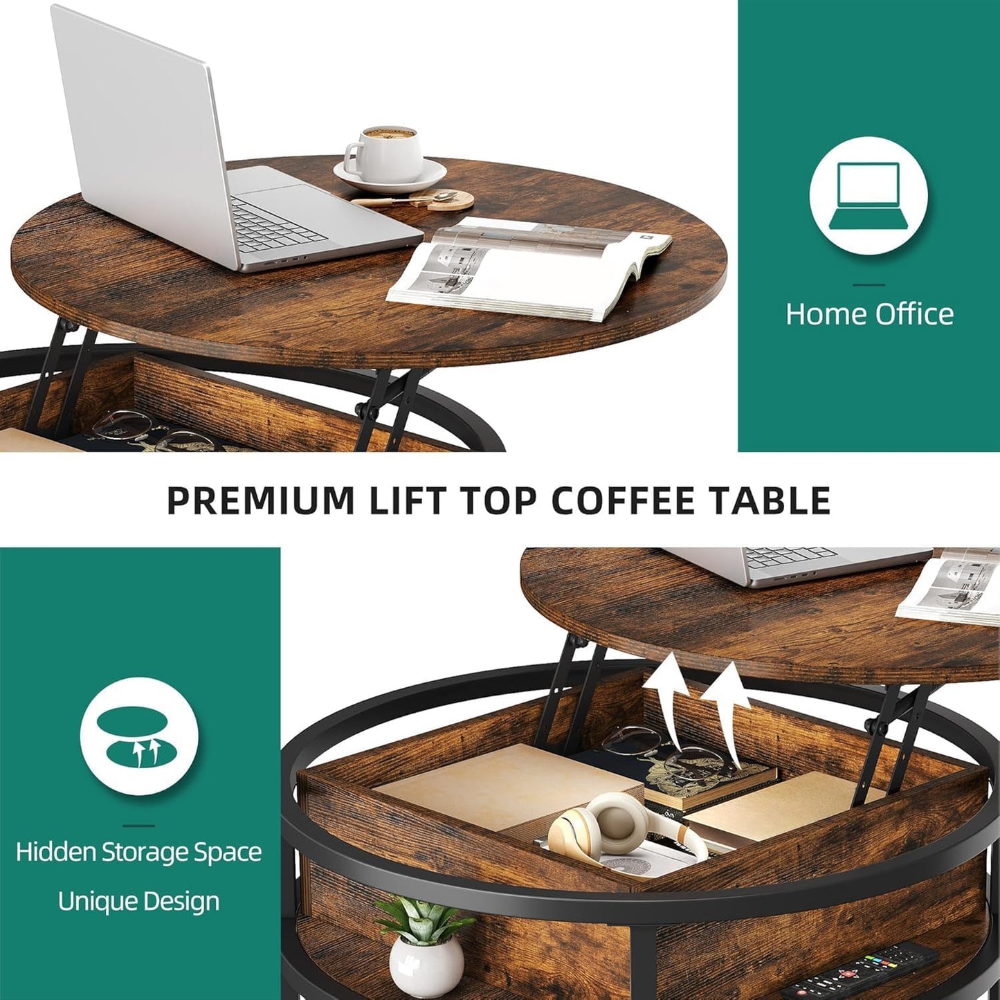Runder Couchtisch mit Hebeplatte und Stauraum, 80X80X47CM, Braun