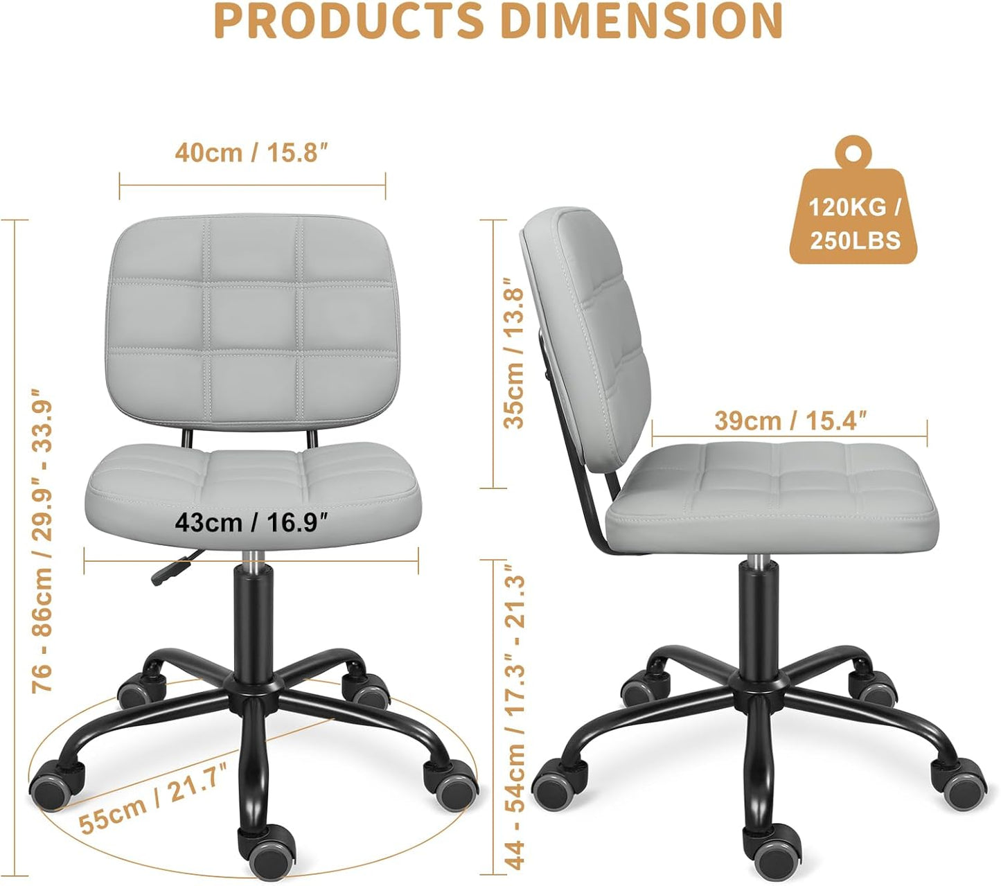 Ergonomischer Bürostuhl ohne Armlehnen, höhenverstellbar, Hellgrau 86x55cm