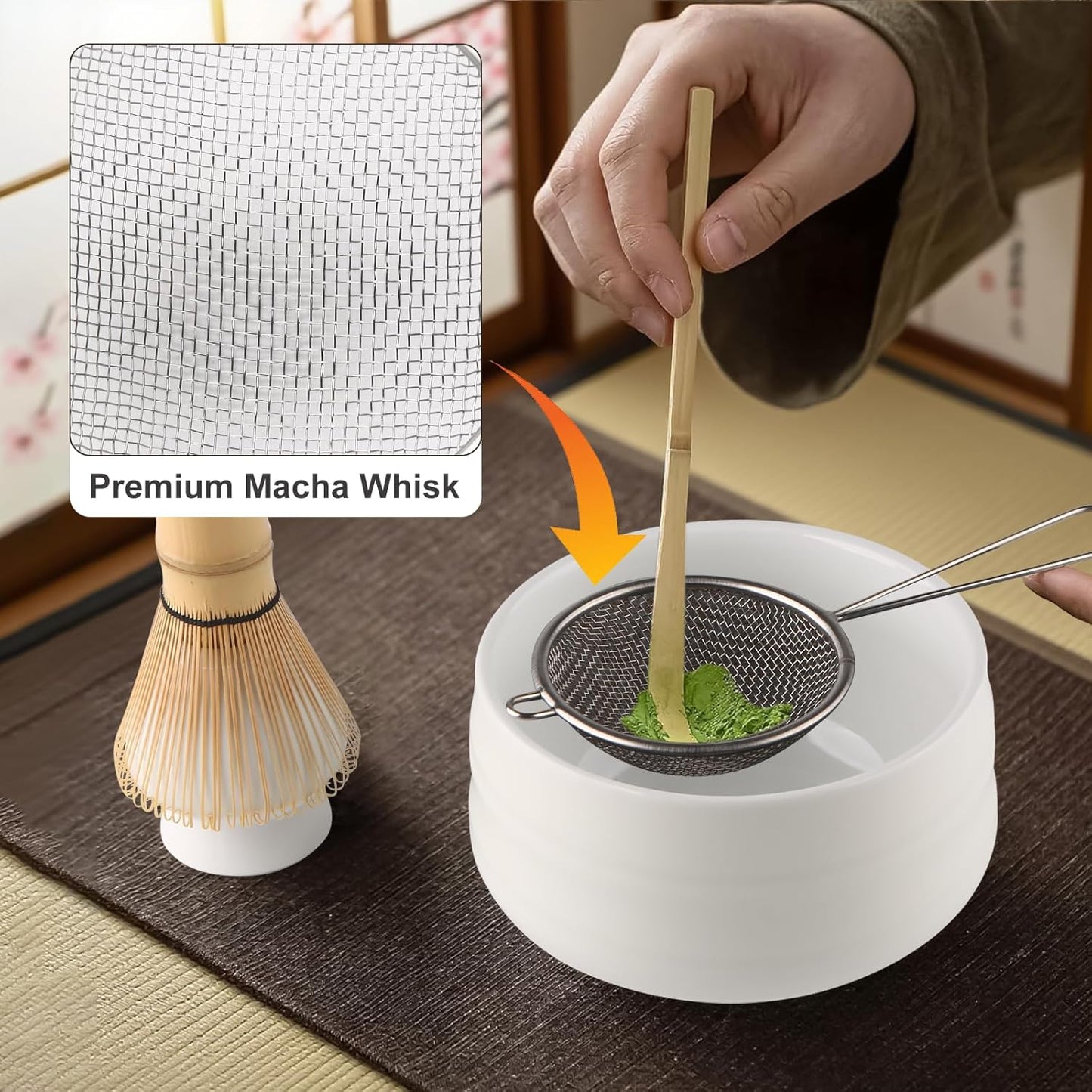Matcha-Set mit Bambusbesen und Zubehör (7-teilig), Flache Spitze, Mattweiss Bambus-Matcha-Besen