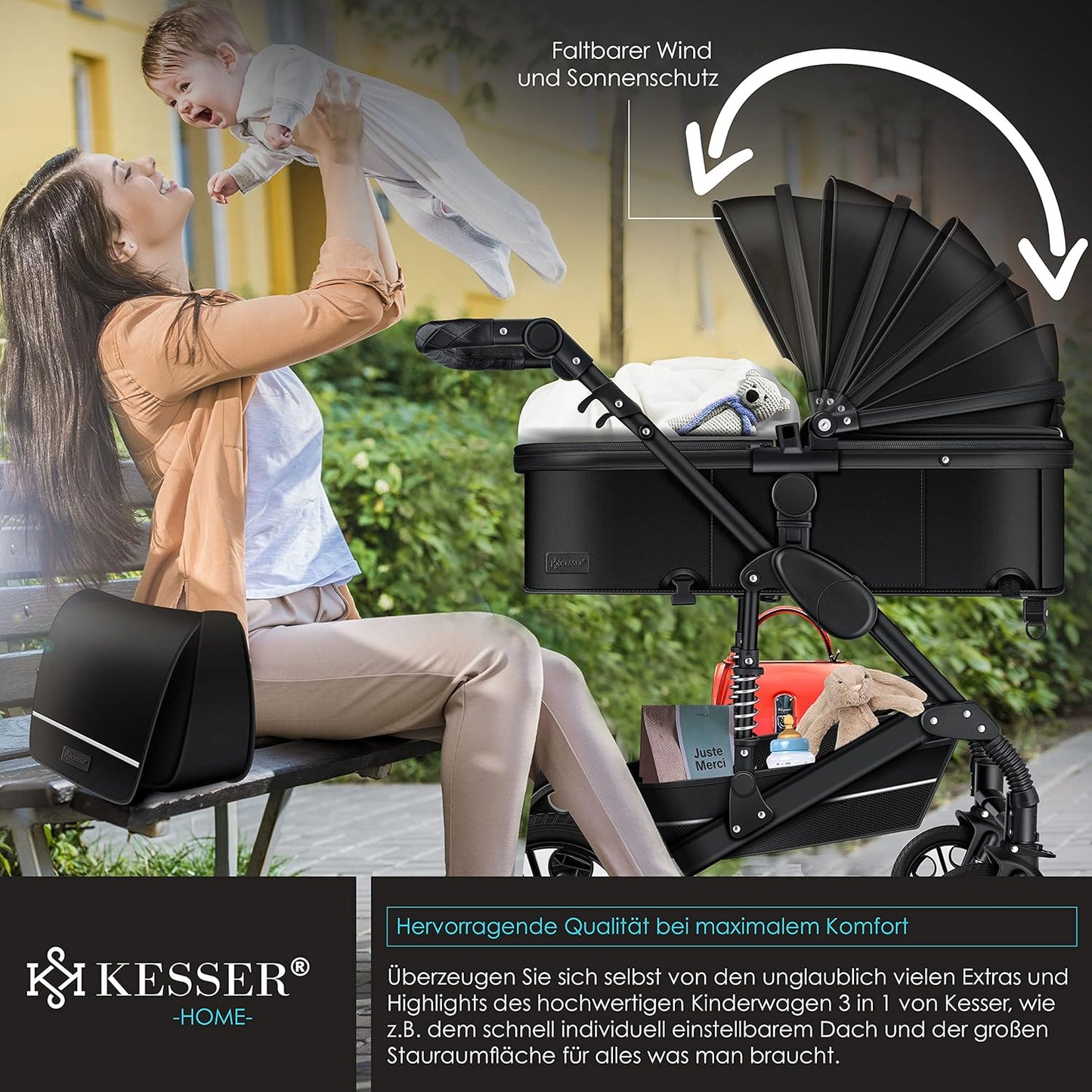 Loops 3 in 1 Kombikinderwagen-Set mit Babyschale, Schwarz / Schwarz