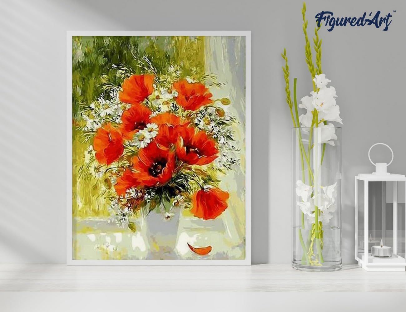 Malen nach Zahlen Set - Rote Blumen und Gänseblümchen, Rote Blumen und Gänseblümchen 40x50cm Mit Keilrahmen (nicht gespannt)