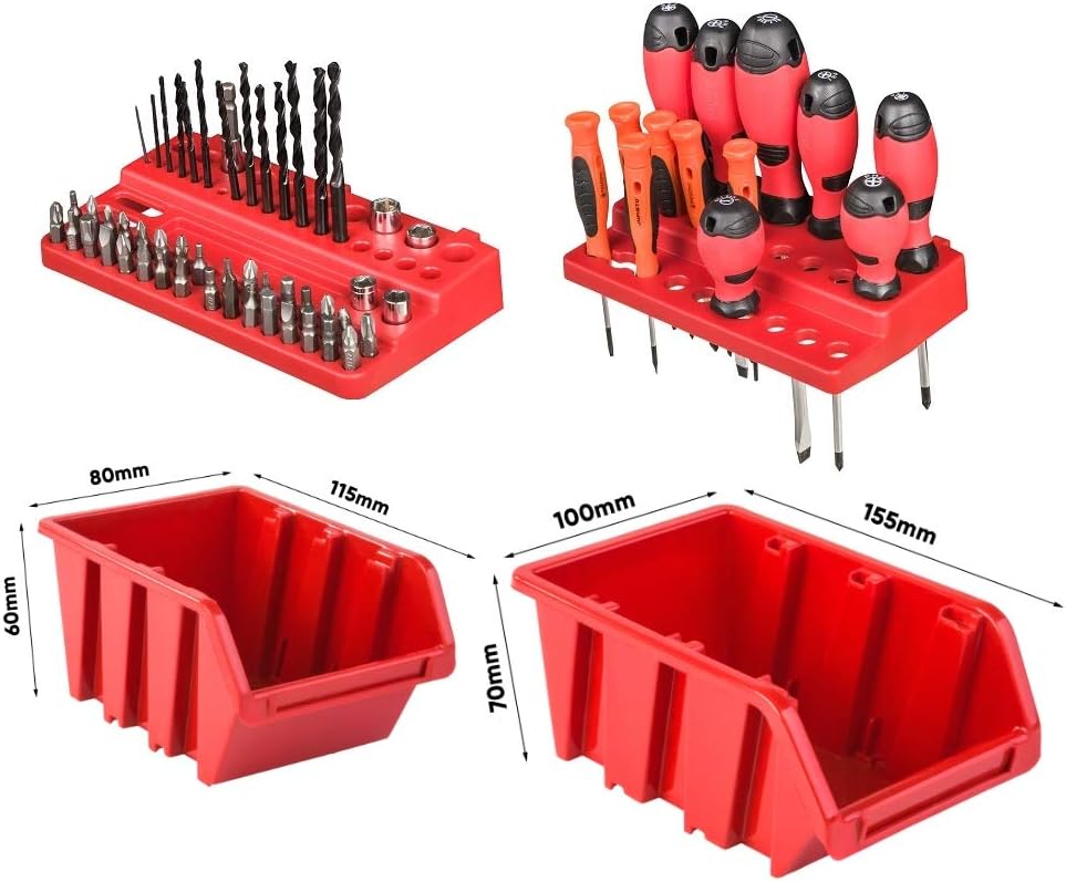 Werkzeugwand mit Stapelboxen und Werkzeughalter, Rot