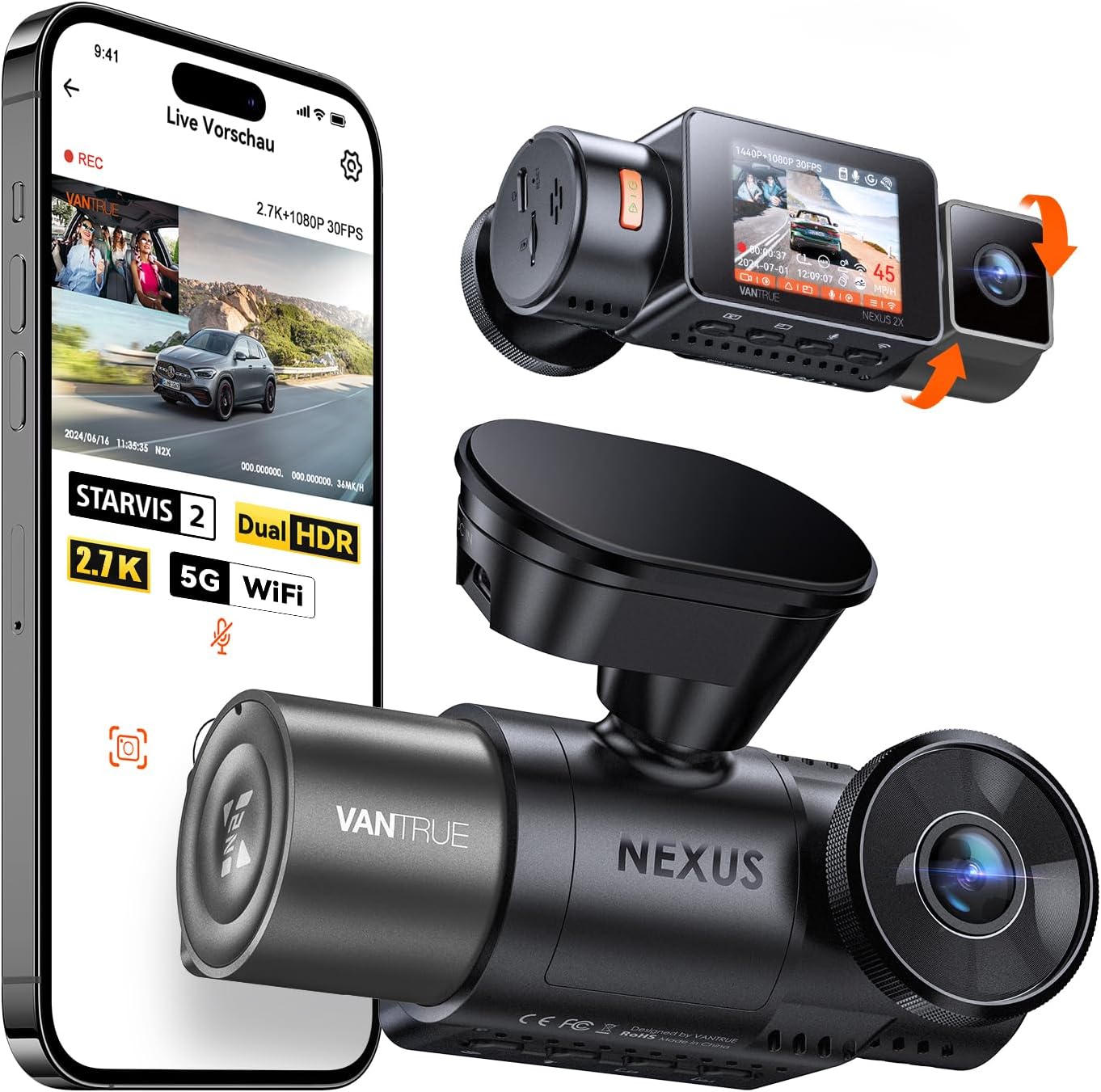 Dual-Dashcam N2X mit GPS & Sprachsteuerung, N2X