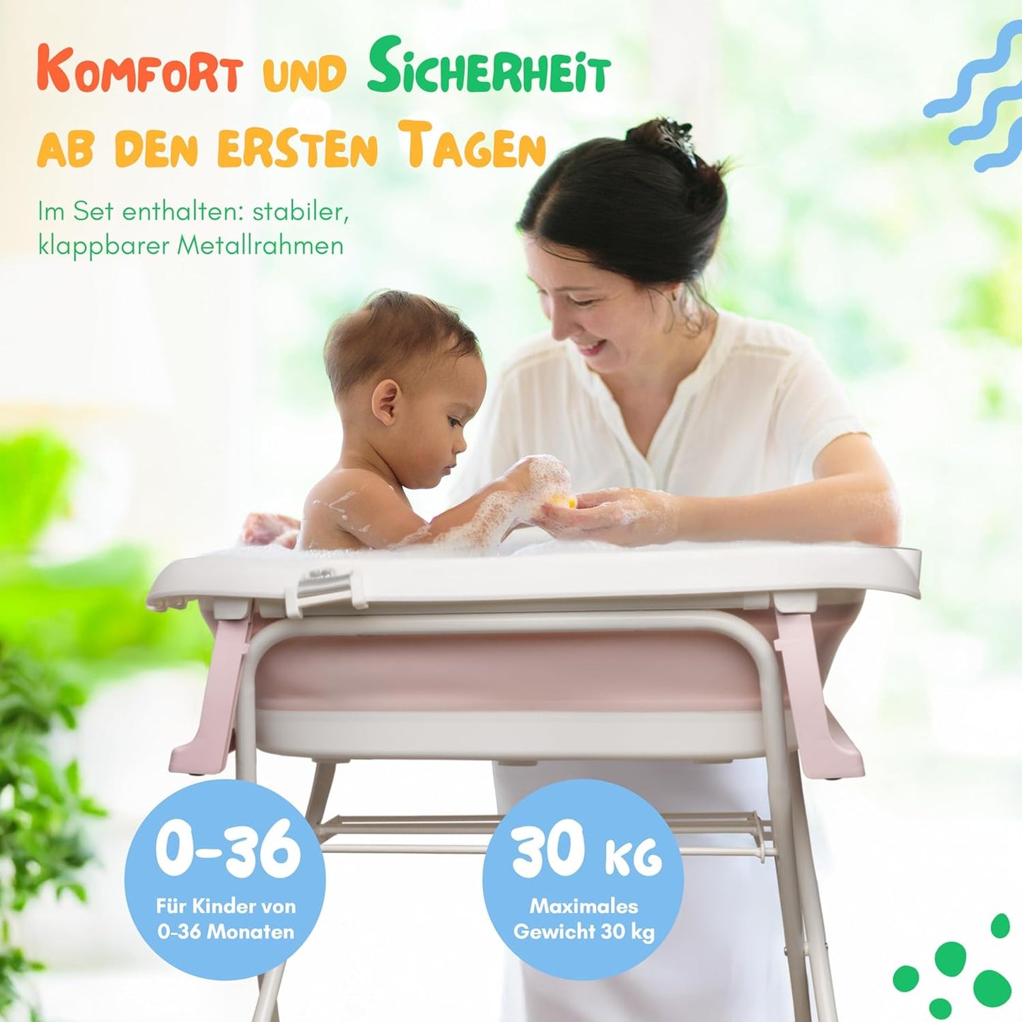 Faltbare Babybadewanne mit Ständer und Thermometer, Rosa 84,5cm Höhe - mit Ständer