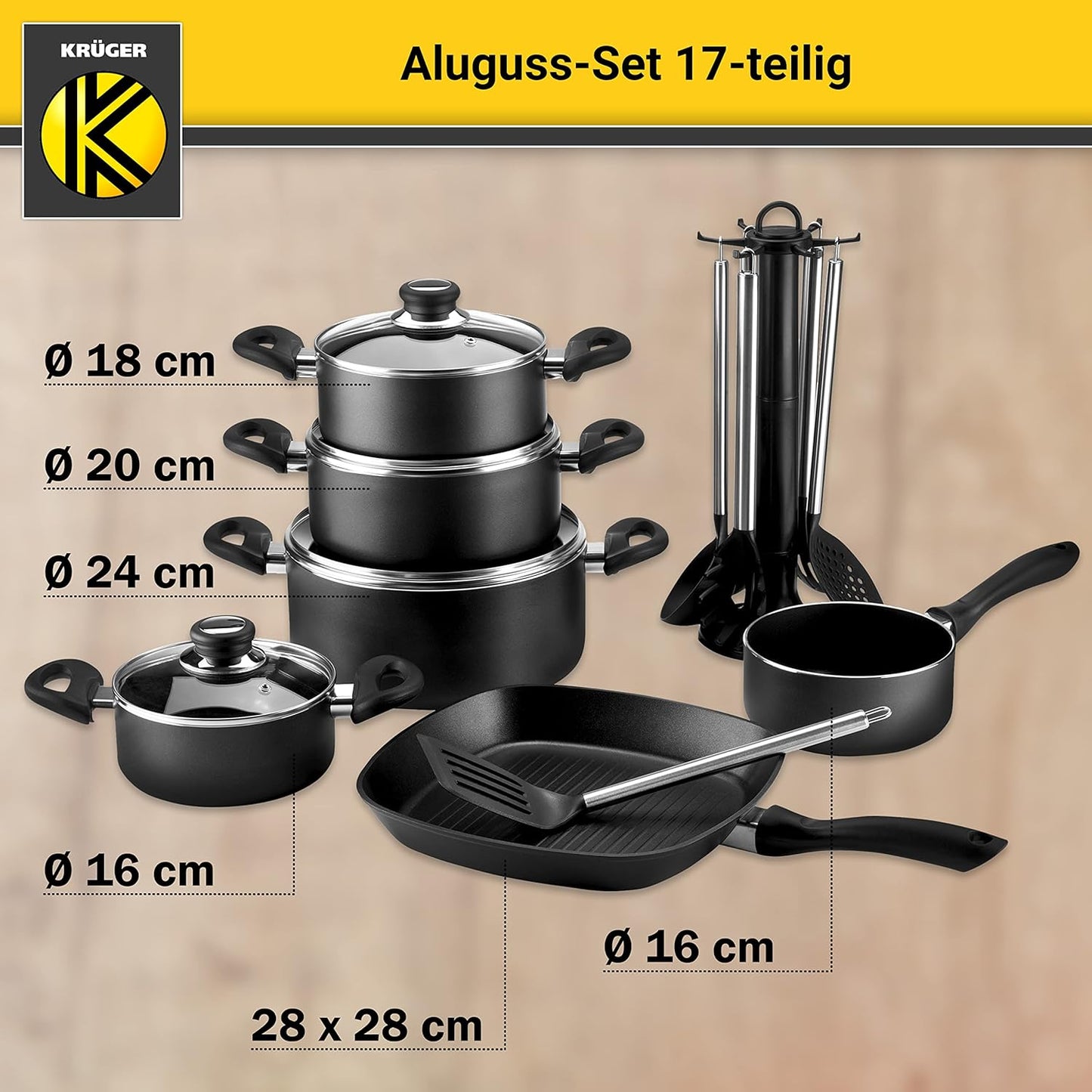 17-teiliges Kochgeschirr-Set, Schwarz