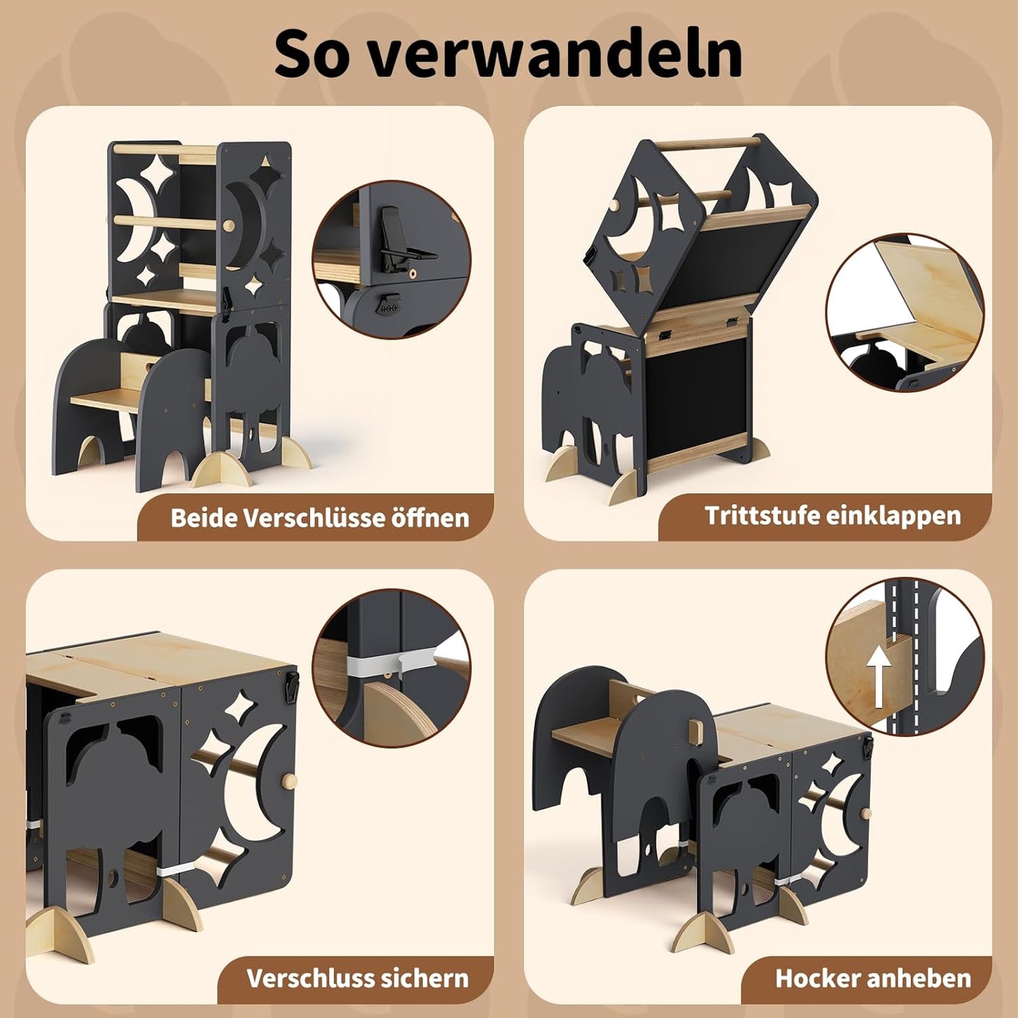 4in1 Lernturm mit Doppeltafel & Schreibtisch, Schwarz
