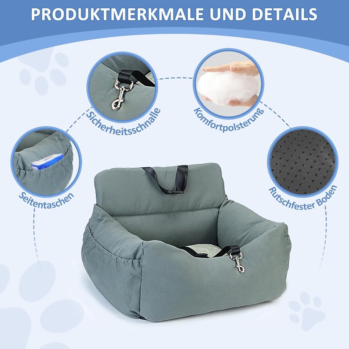 Hundeautositz mit Sicherheitsgurt, Grau-Grün