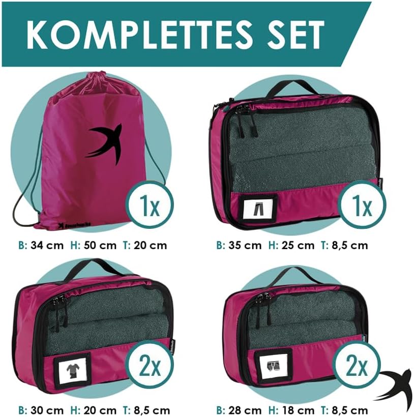 6-teiliges Packwürfel-Set mit Kompression, Himbeer 6-teiliges Set
