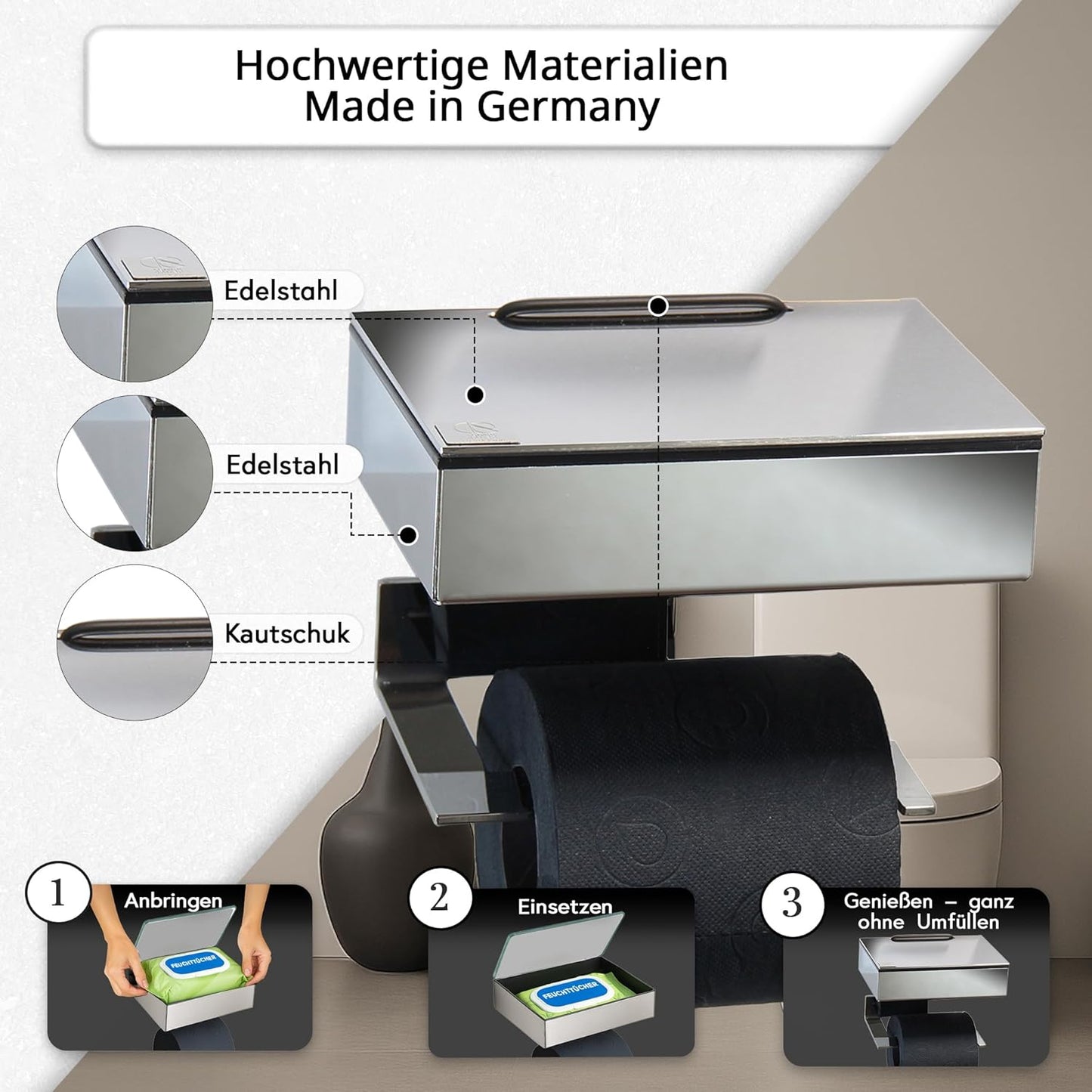 Toilettenpapierhalter mit Feuchttücherbox, Gehäuse Poliert Abdeckung Edelstahl Befüllbar Von Rechts