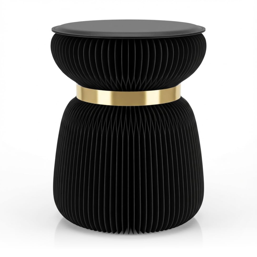 Papierhocker Papli Lux mit 180 Lamellen, Schwarz mit Goldenem Band