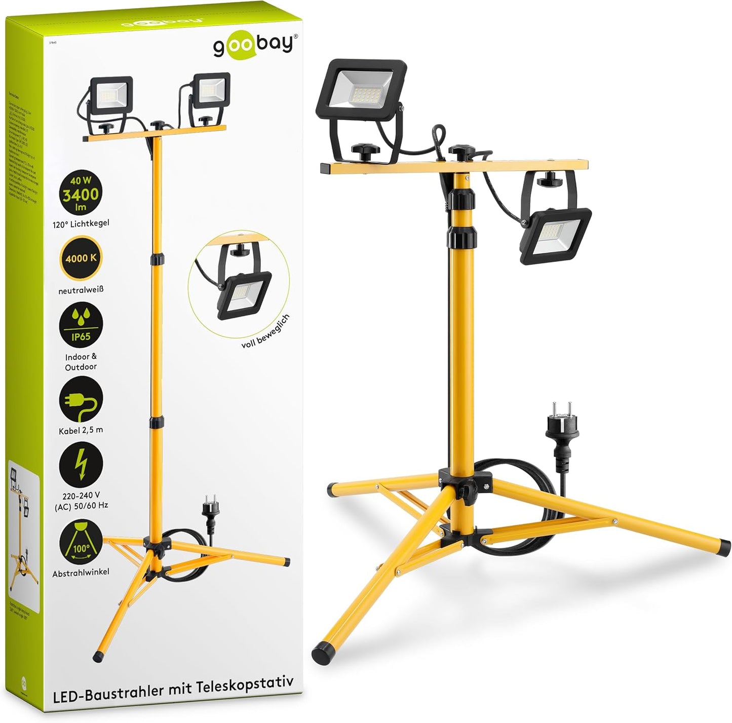 LED Baustrahler auf Teleskopstativ 57845, 2x 20 Watt (Version 2022)