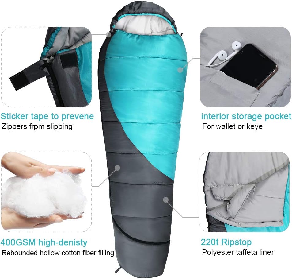 Mumienschlafsack für 4 Jahreszeiten, ultraleicht, 0°C -Blau Grau
