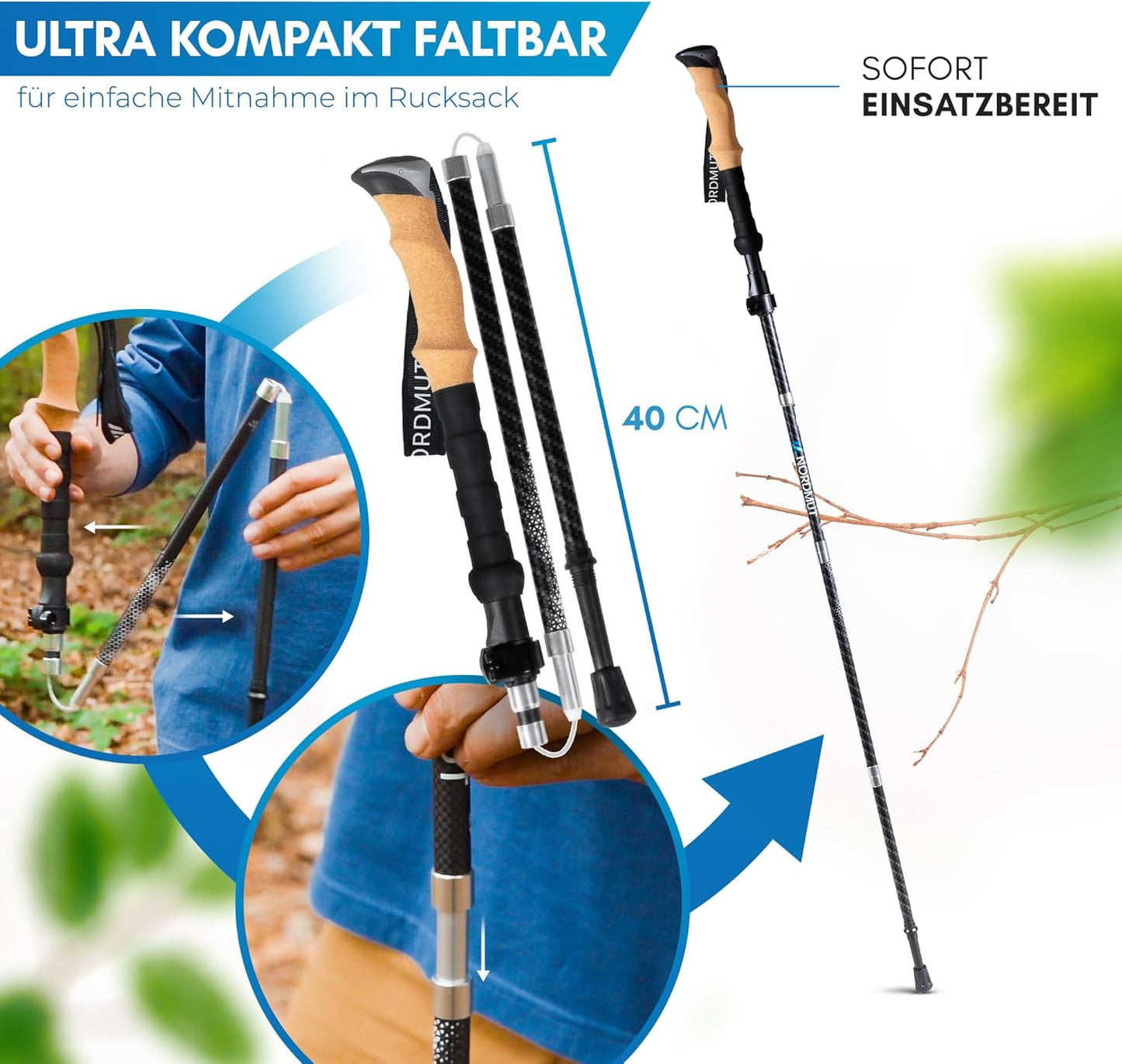 Faltbare Trekkingstöcke, 115-135cm Carbon
