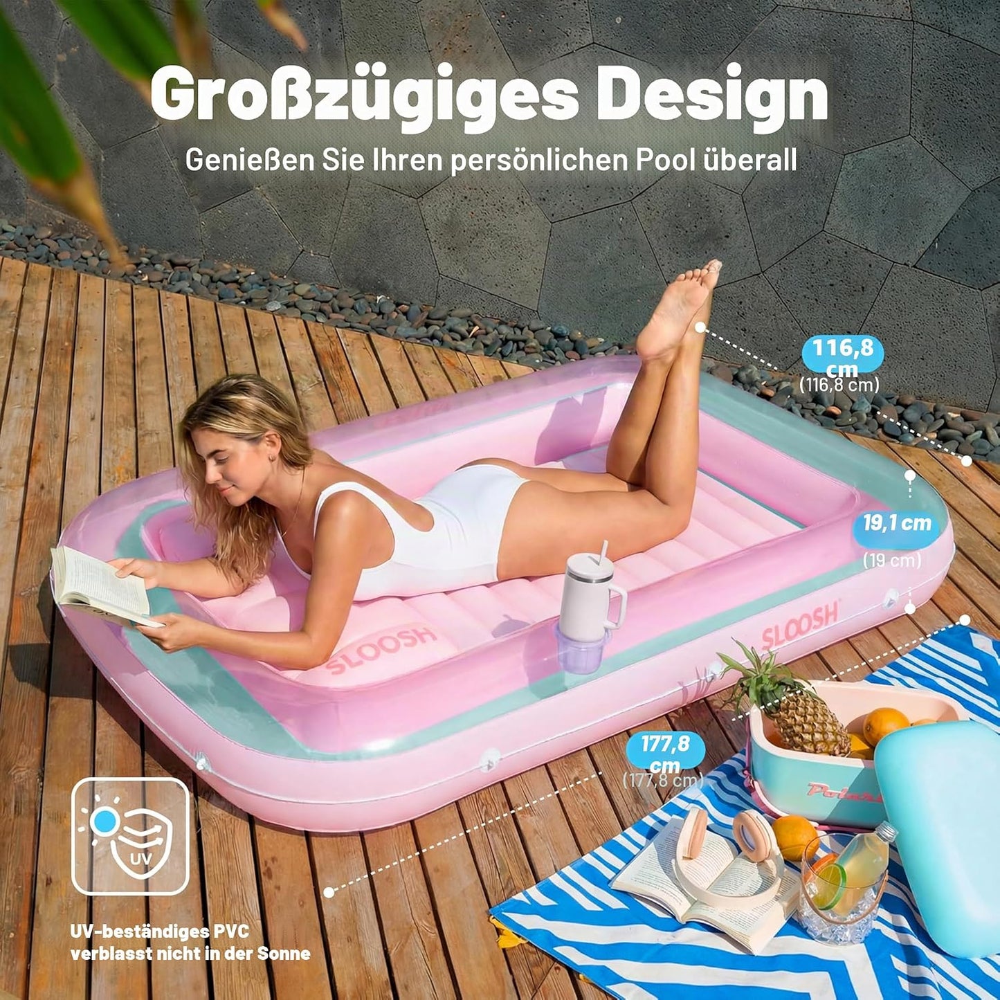 Aufblasbarer Sonnenpool mit abnehmbarem Kissen und Getränkehalter, Cyan-Pink L