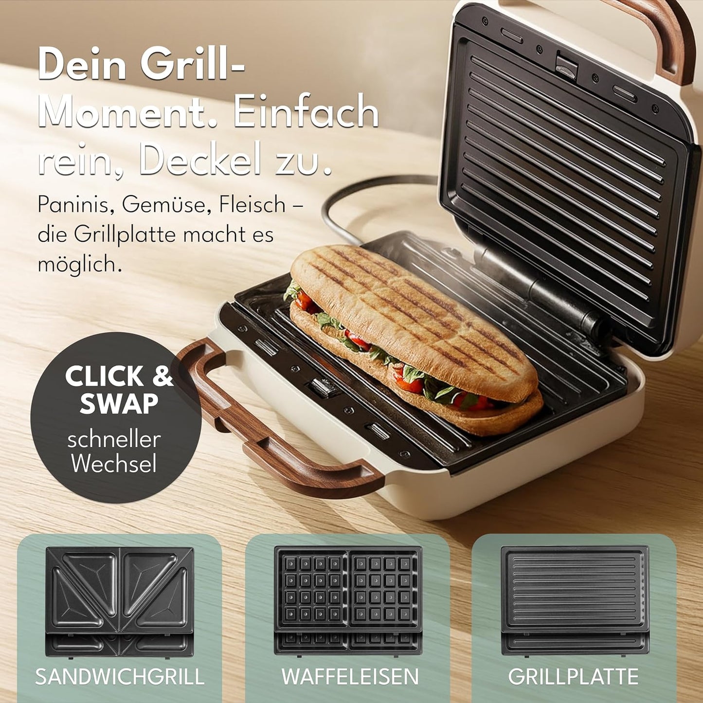 Sandwichmaker 3-in-1 mit Grill- und Waffeleinsätzen, Weiss - 750w