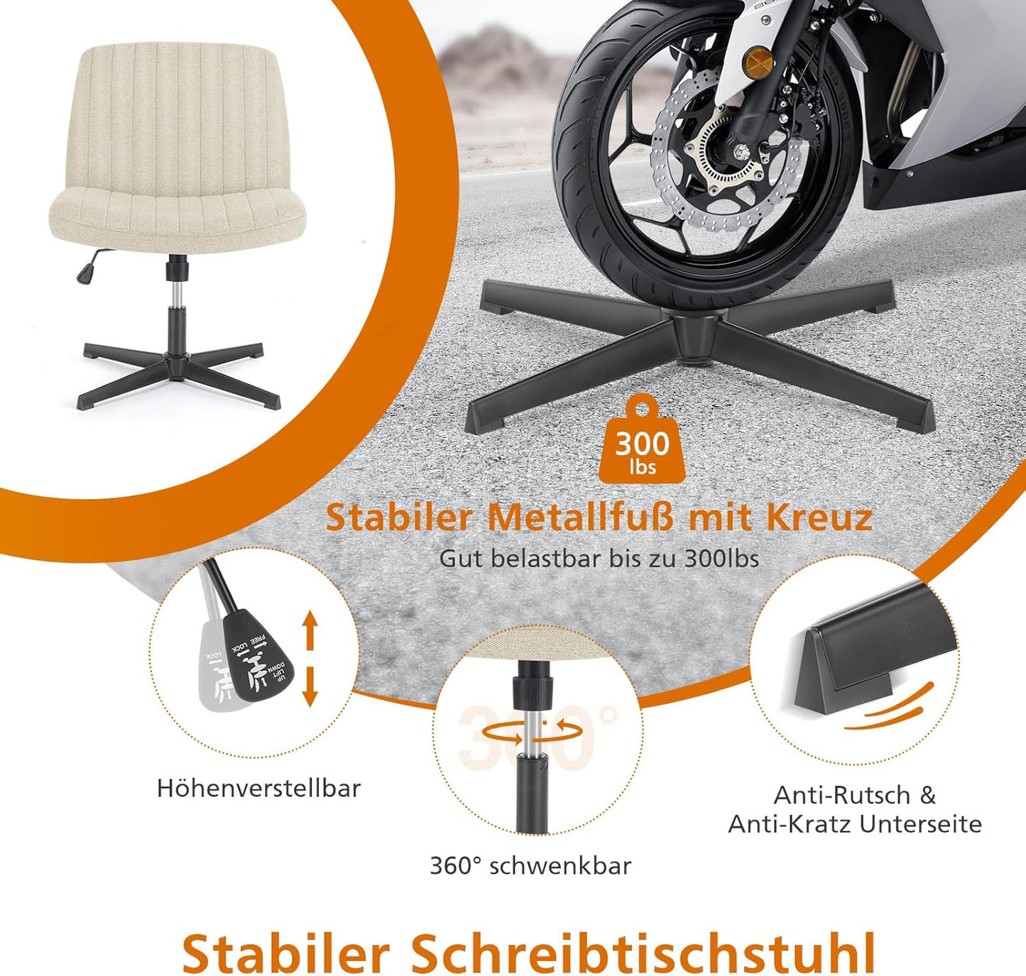 Höhenverstellbarer Bürostuhl, Beige Fabric