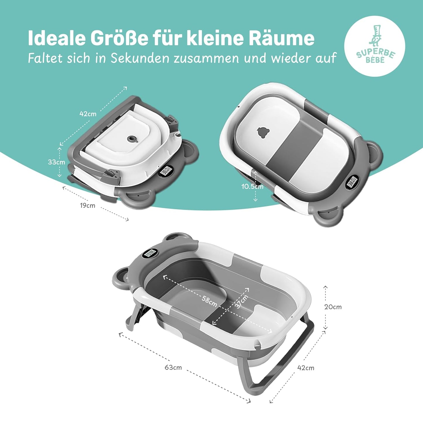 Faltbare Babywanne mit Badethermometer, 2 x faltbar Bear GRAU