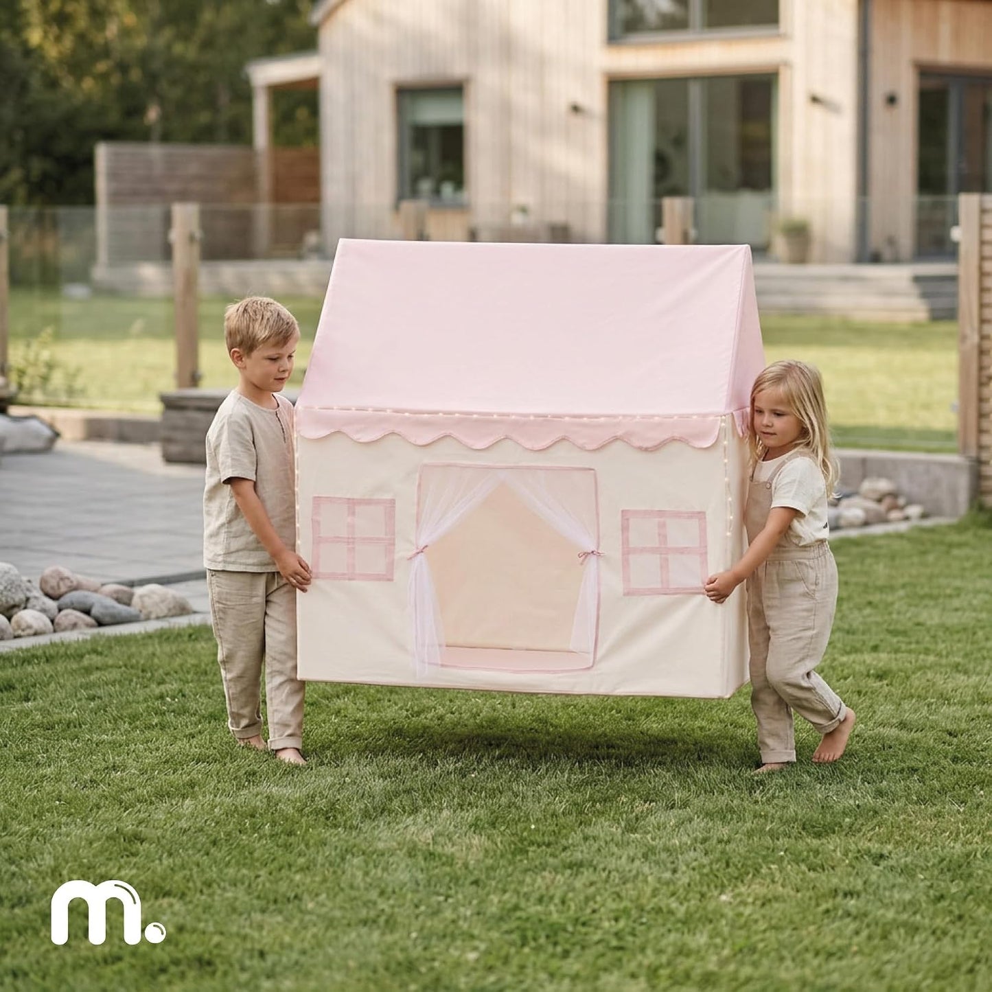 Spielzelt MAM251 Tipi House mit LED-Beleuchtung und Fenstern, Pink, Beige/Pink, Beige Abenteuer 95 × 125 × 130 cm
