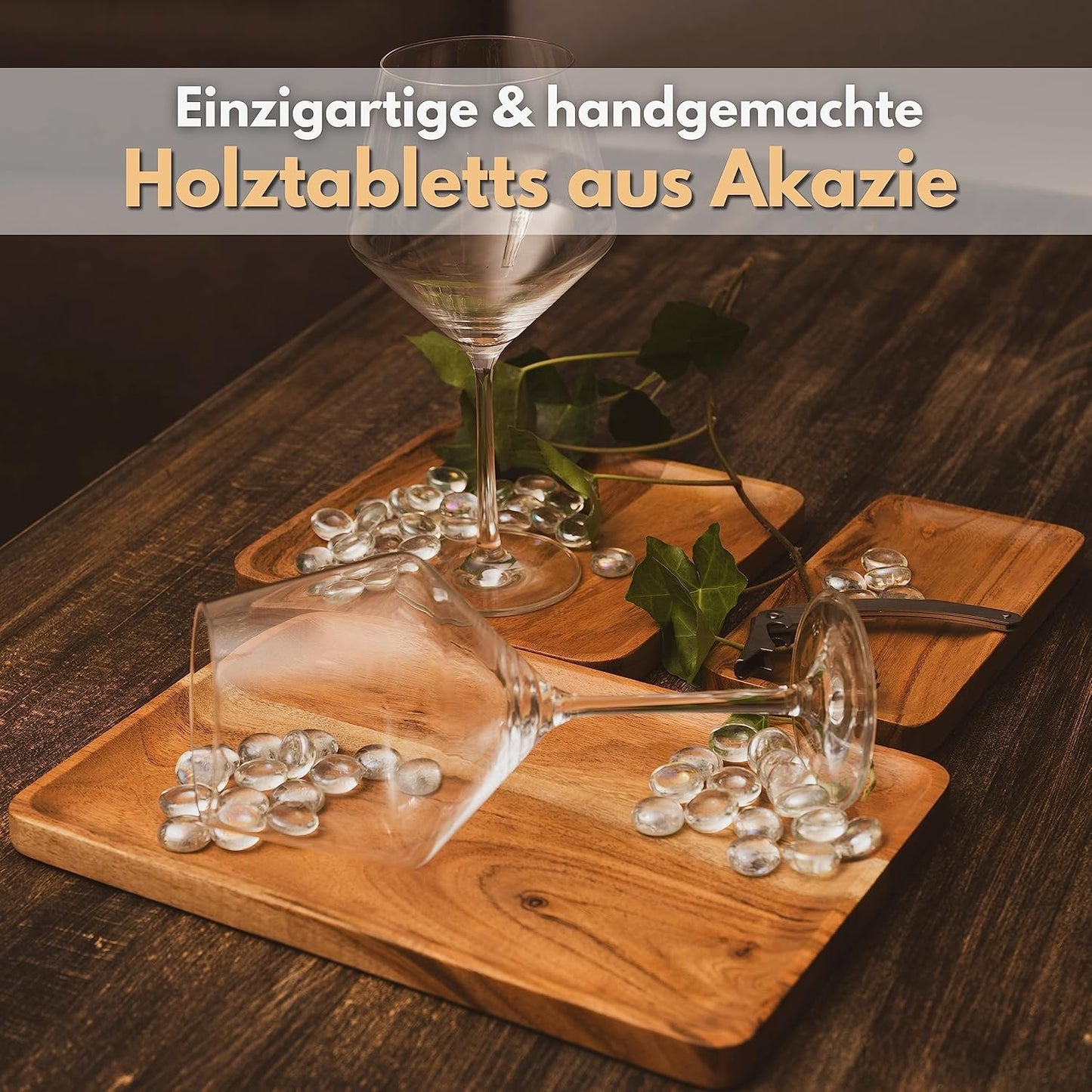 Holztablett 2er-Set quadratisch, 20 cm x 20 cm
