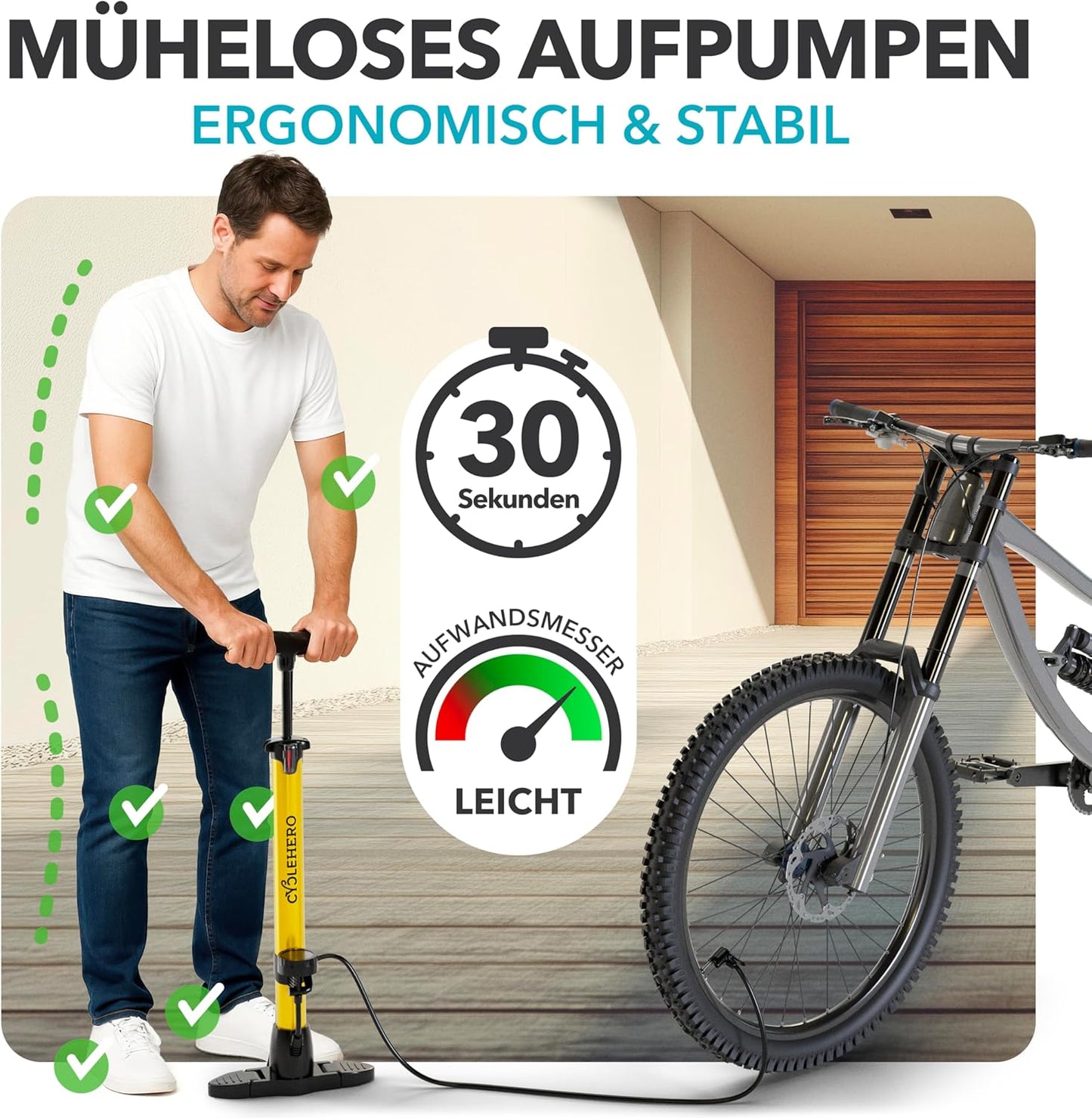 Velopumpe mit Manometer, Standpumpe Gelb