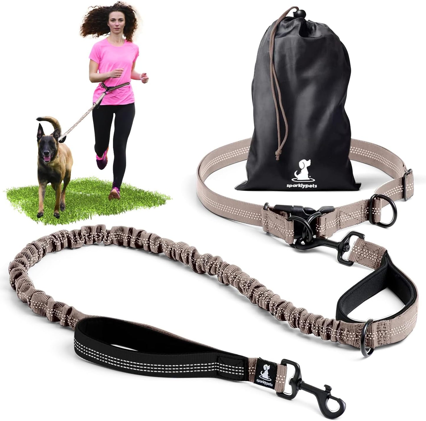 2 in 1 Joggingleine für Hunde mit Doppelgriff, Stossdämpfer und Bauchgurt, Braun Für ein Hund