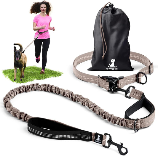 2 in 1 Joggingleine für Hunde mit Doppelgriff, Stossdämpfer und Bauchgurt, Braun Für ein Hund