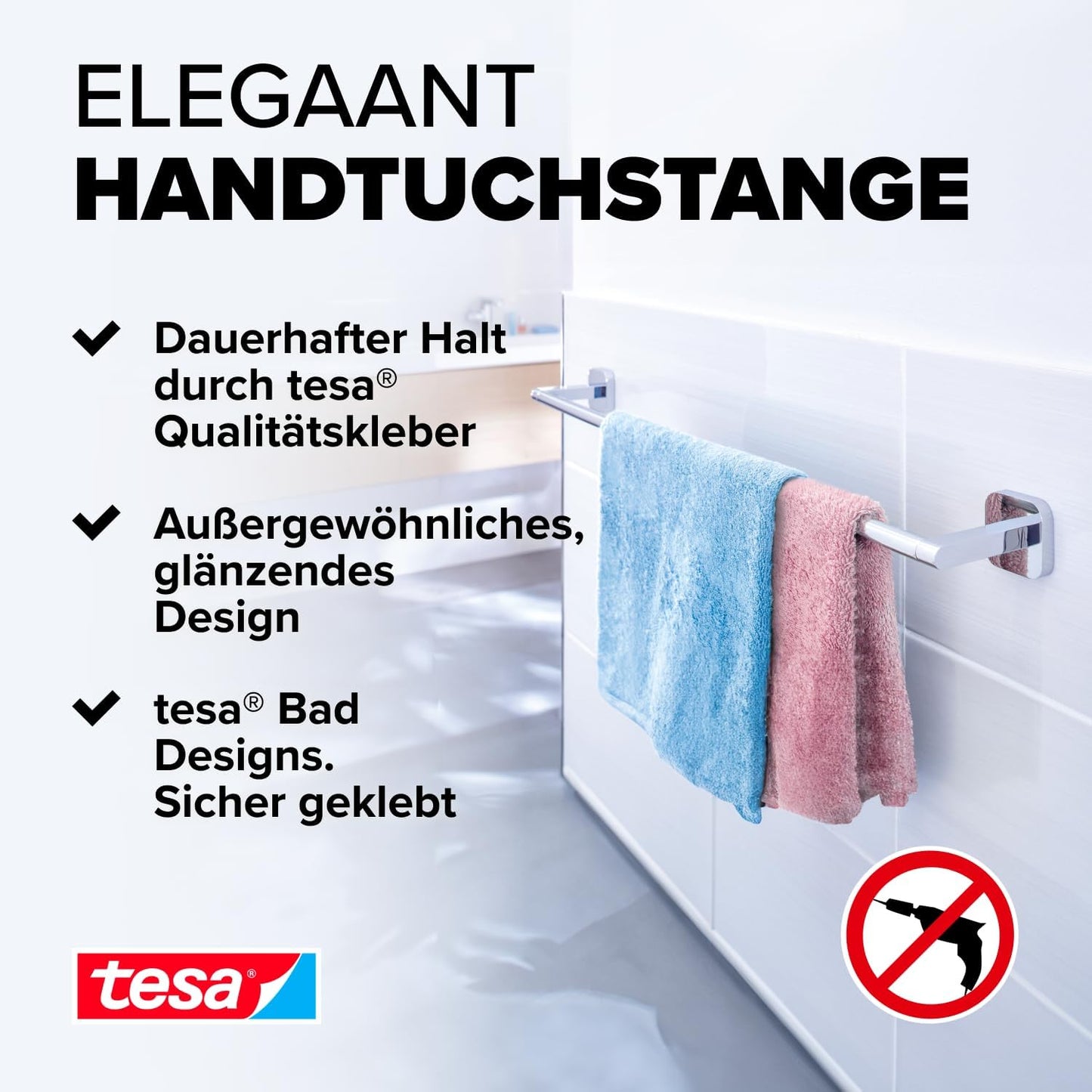 ELEGAANT Handtuchstange einfach inkl. Klebelösung ohne Bohren, Handtuchstange