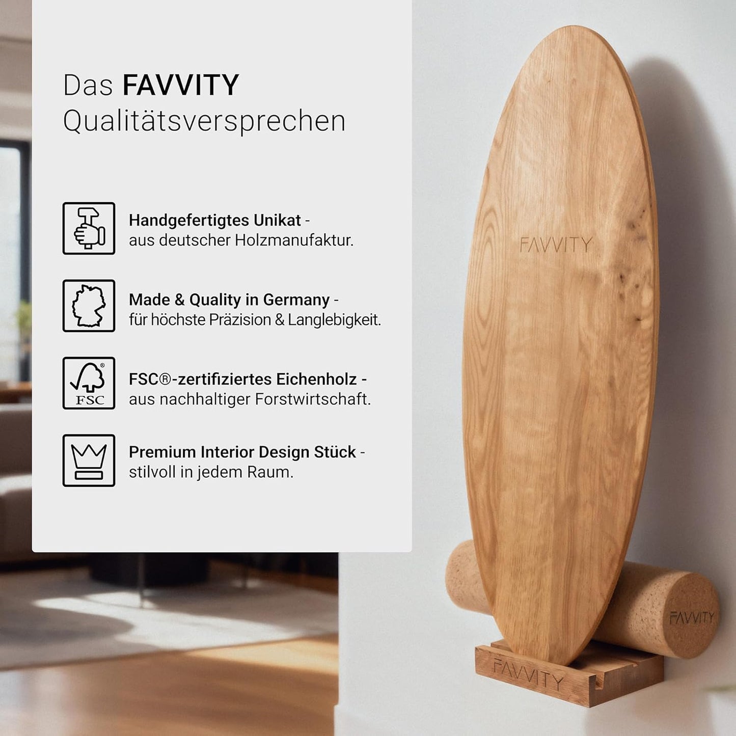 Balance Board aus Eichenholz, Core + Halterung Natureiche