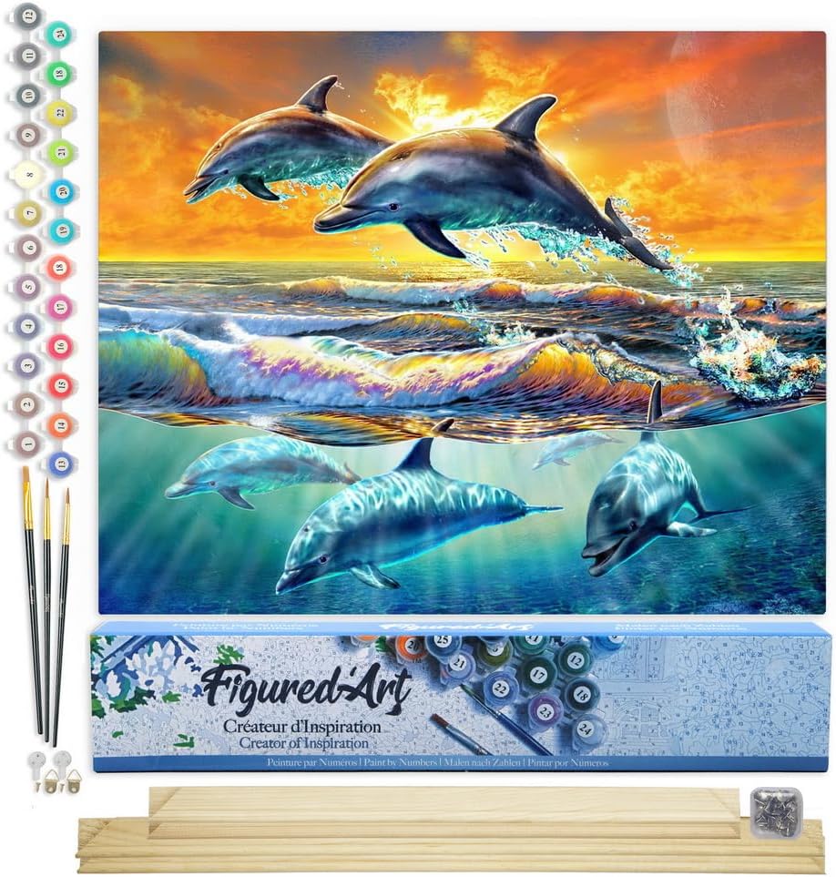 Malen nach Zahlen Set Delfine im Sonnenuntergang, Delfine im Sonnenuntergang 40x50cm Mit Keilrahmen (nicht gespannt)