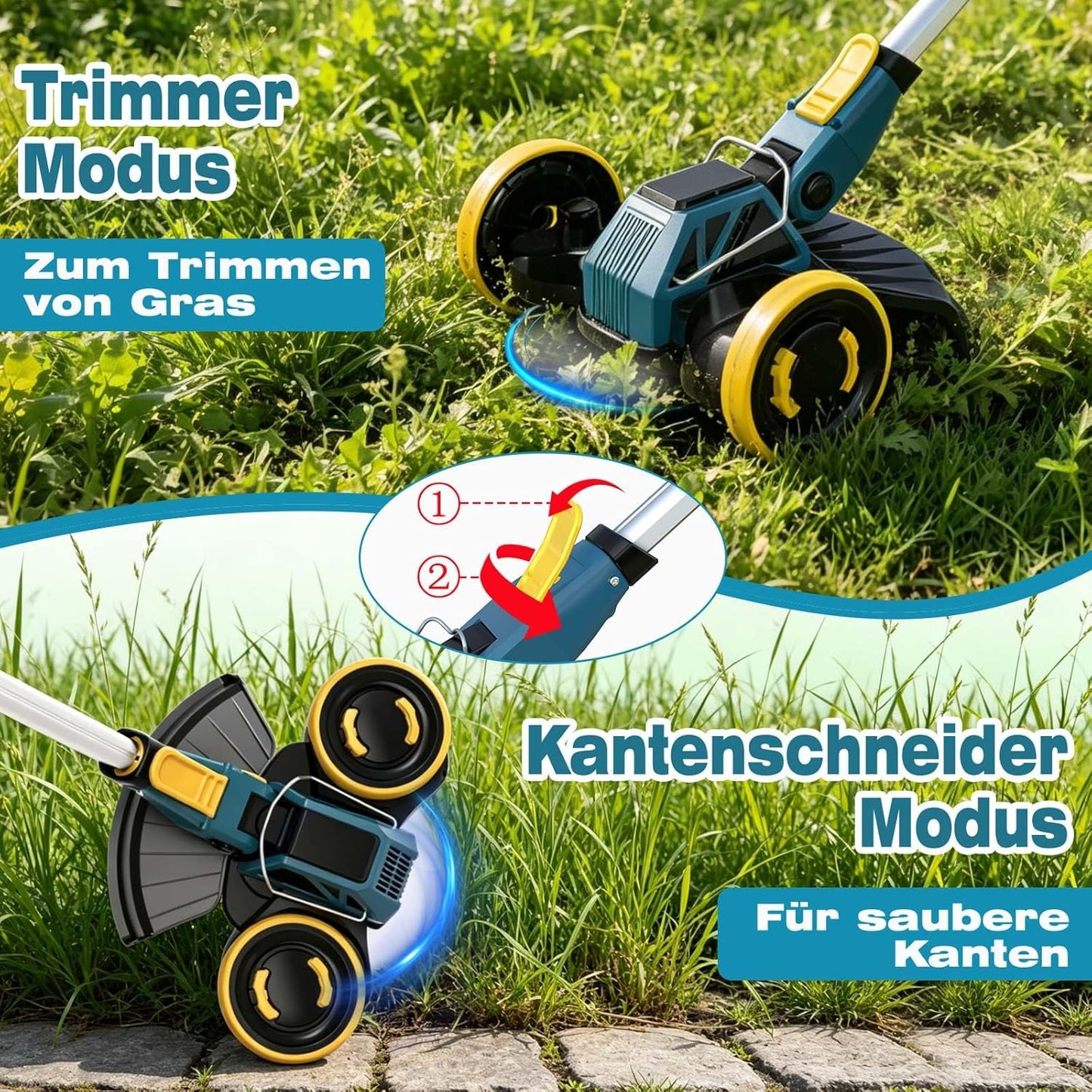 2-in-1 Akku-Rasentrimmer mit Unkrautbürste, Grau-Gelb