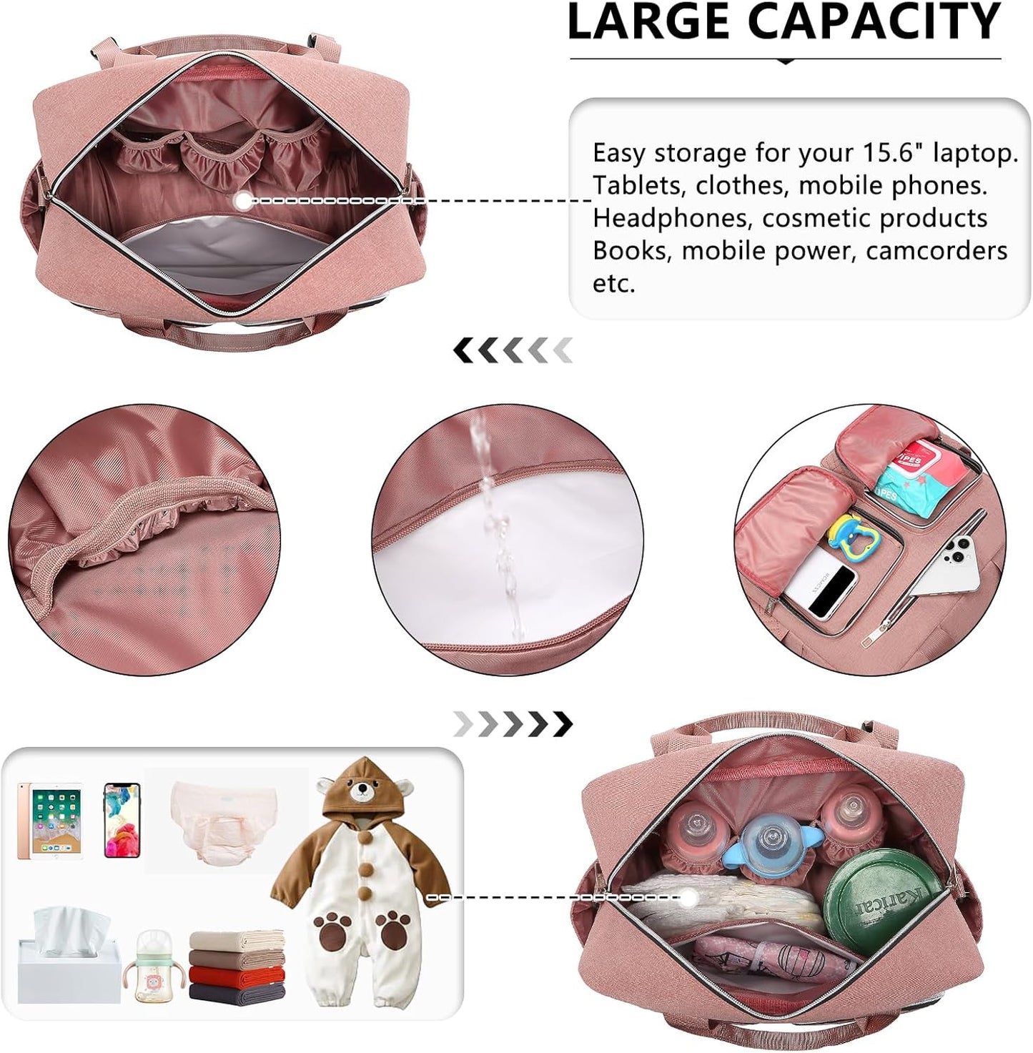 Baby-Wickeltasche mit Wickelauflage und Isoliertaschen, Große Tasche mit Wickelauflage Rosa