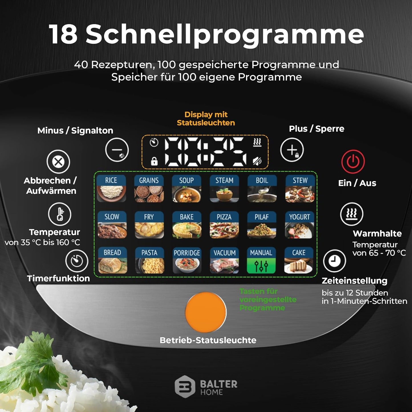 Multikocher mit 18 Programmen, 18 Programme